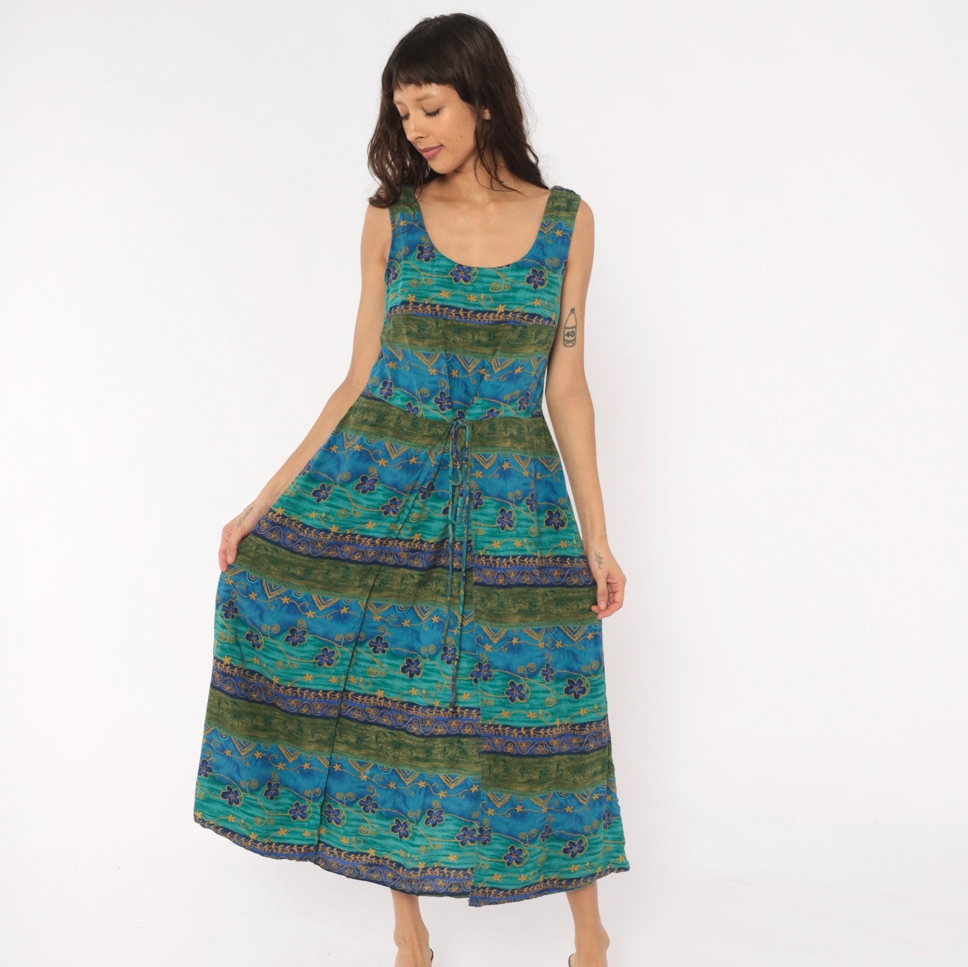 90s Tribal Floral Midi Dress Teal Blue Green Gold Tie Waist Tank Medium M