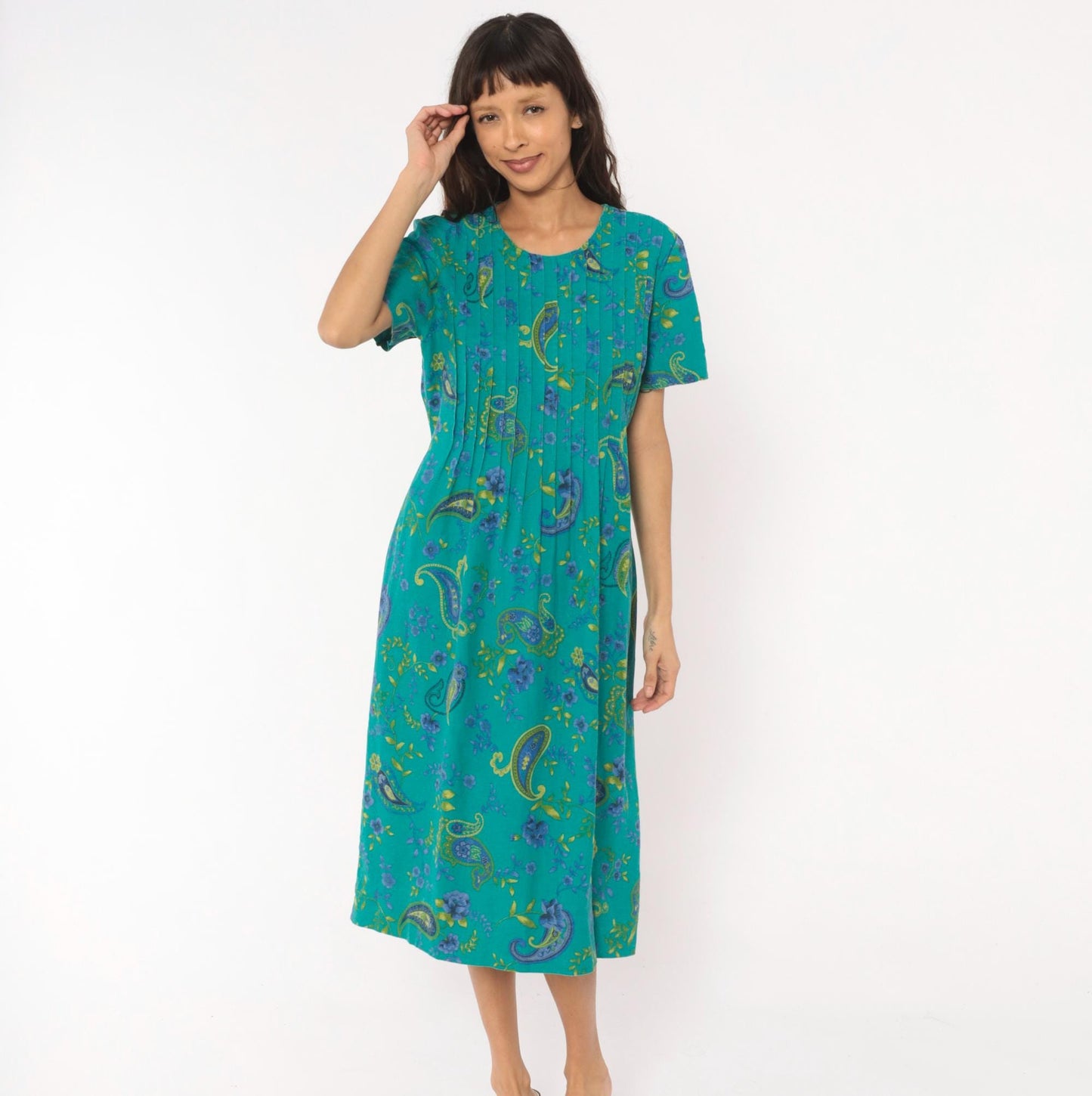 90s Miss Dorby Paisley Pintuck Midi Dress Teal Floral Cotton Medium M