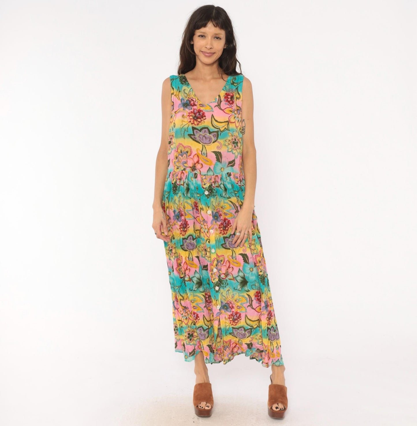 Y2K Bila Floral Maxi Dress Sleeveless V-Neck Tiered Pink Teal Yellow Medium M