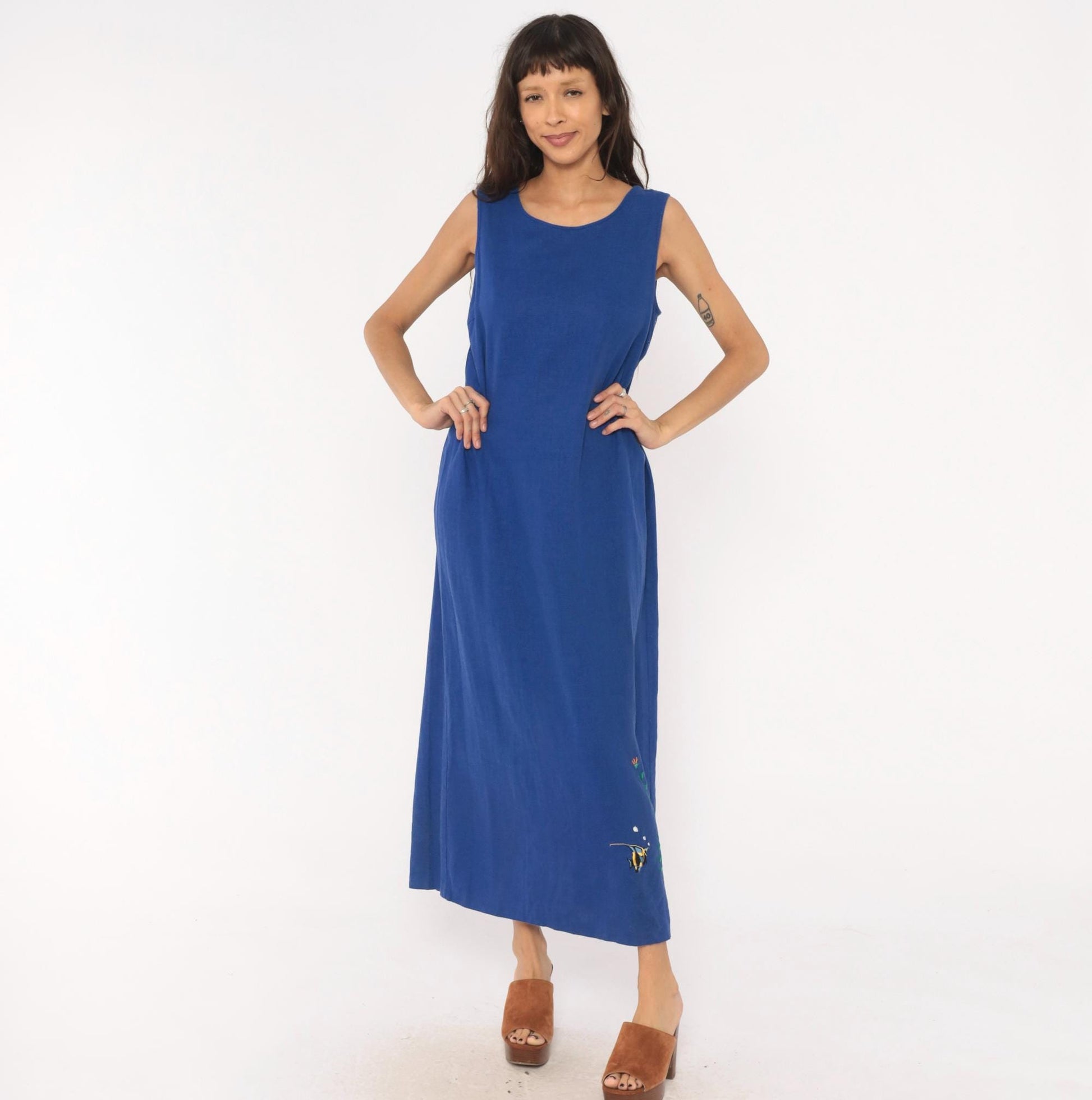 90s Ultra Dress Cobalt Linen Maxi Dress Angelfish Embroidered Medium Large