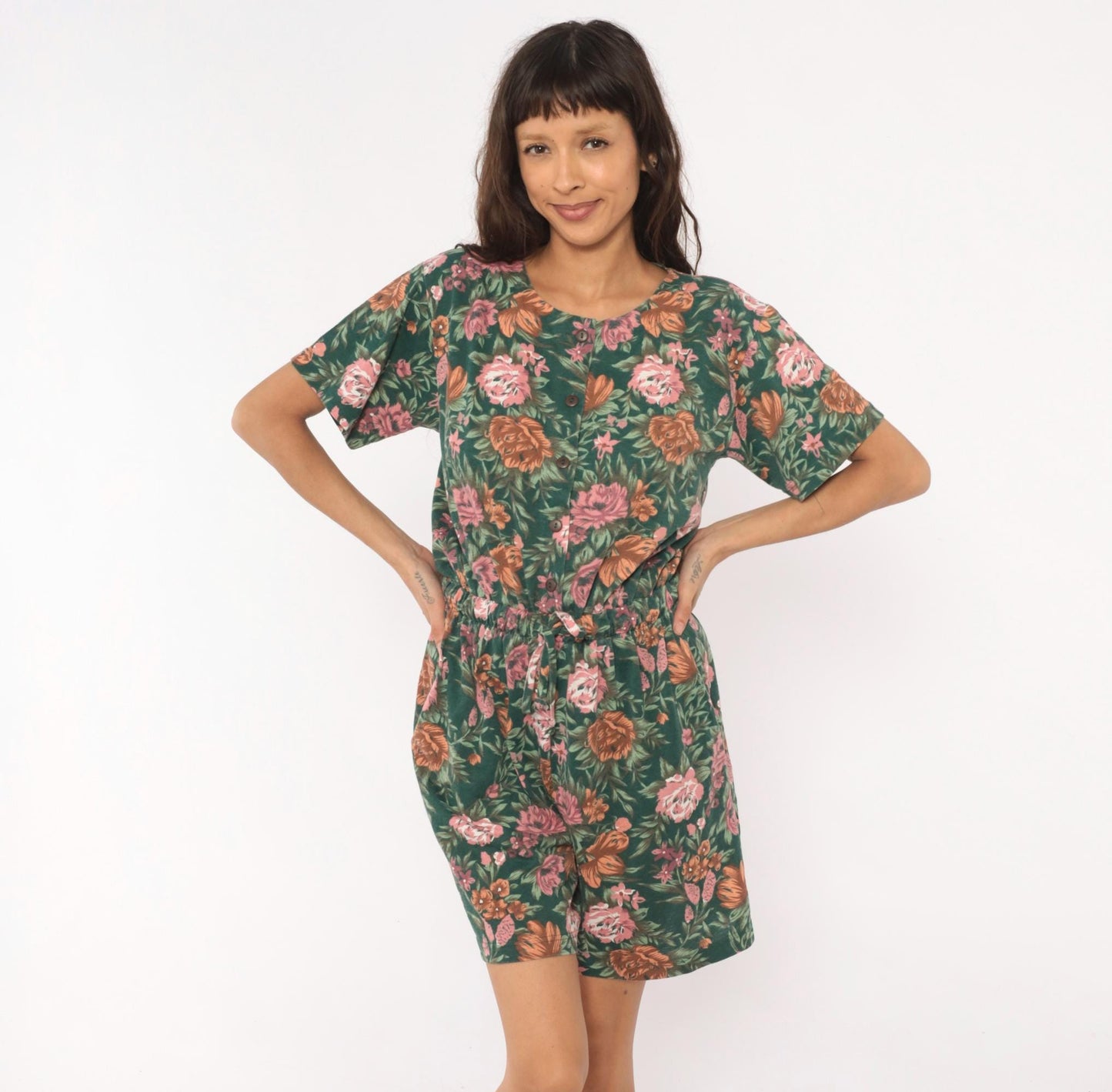 90s Shenanigans Floral Romper Green Pink Rose Drawstring Waist Medium M
