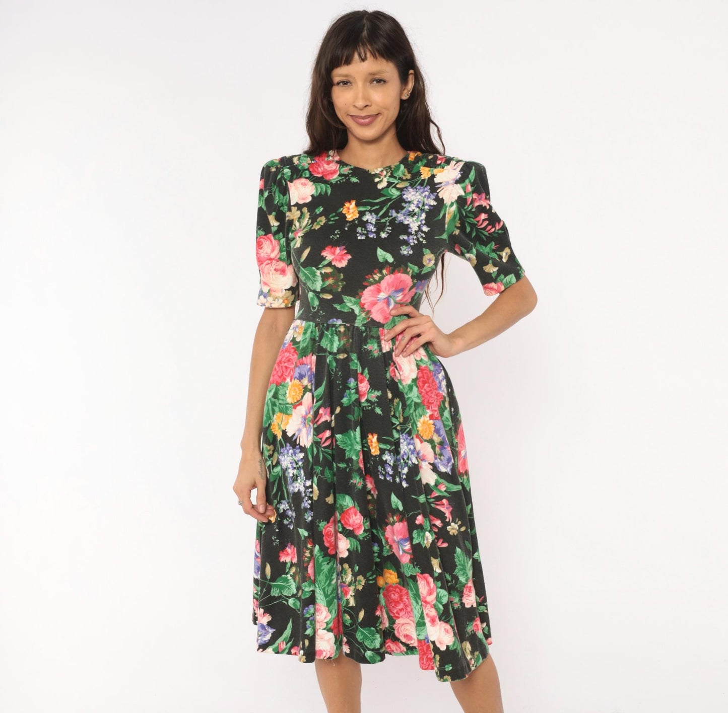 90s Expo Petite Floral Midi Dress Black Pink Puff Sleeve Small