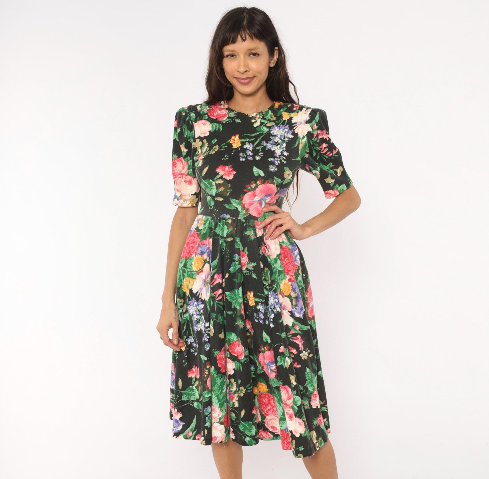 90s Expo Petite Floral Midi Dress Black Pink Puff Sleeve Small