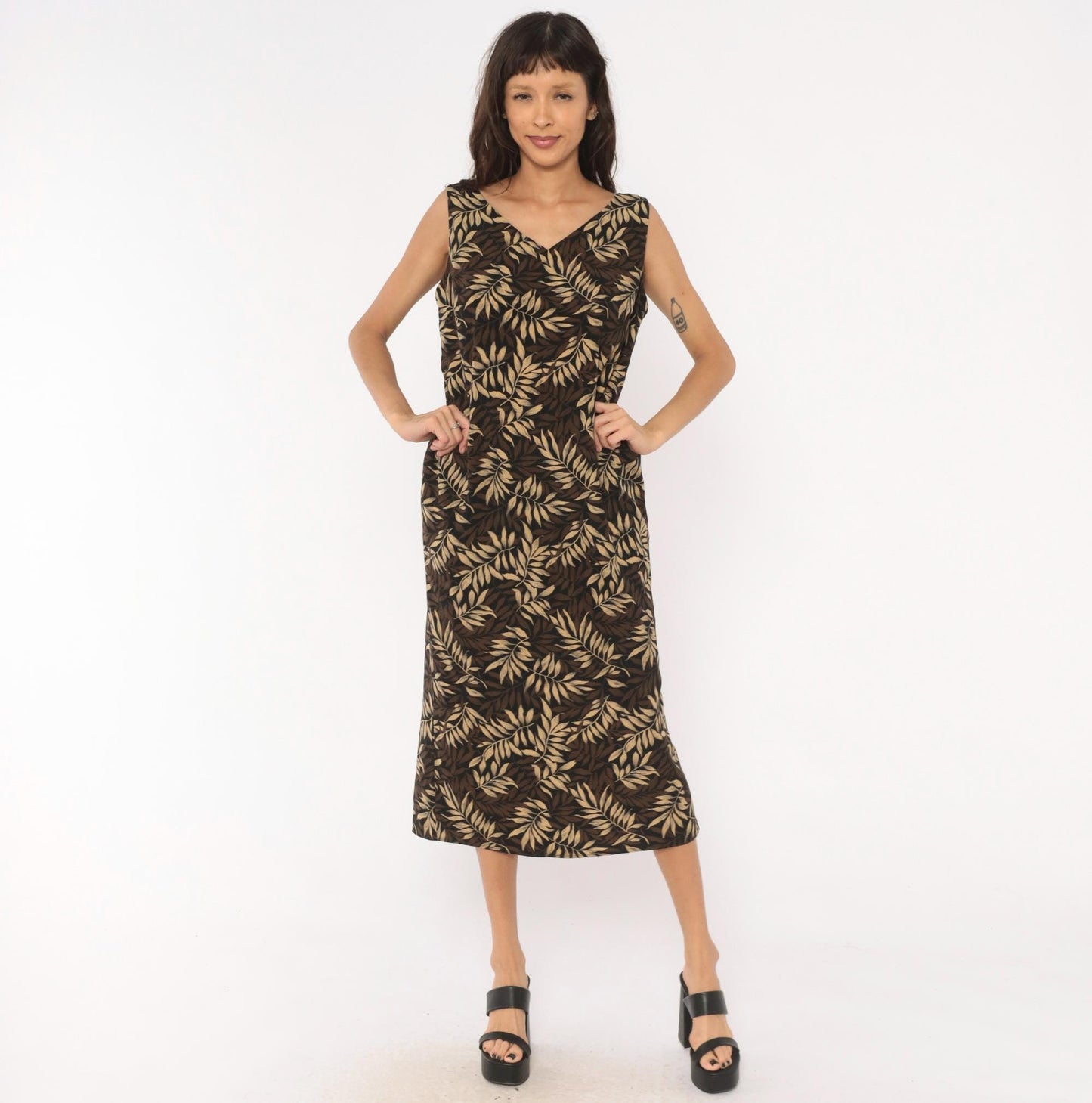90s Studio I Tropical Leaf Print Midi Dress Sleeveless V-Neck Black Large L