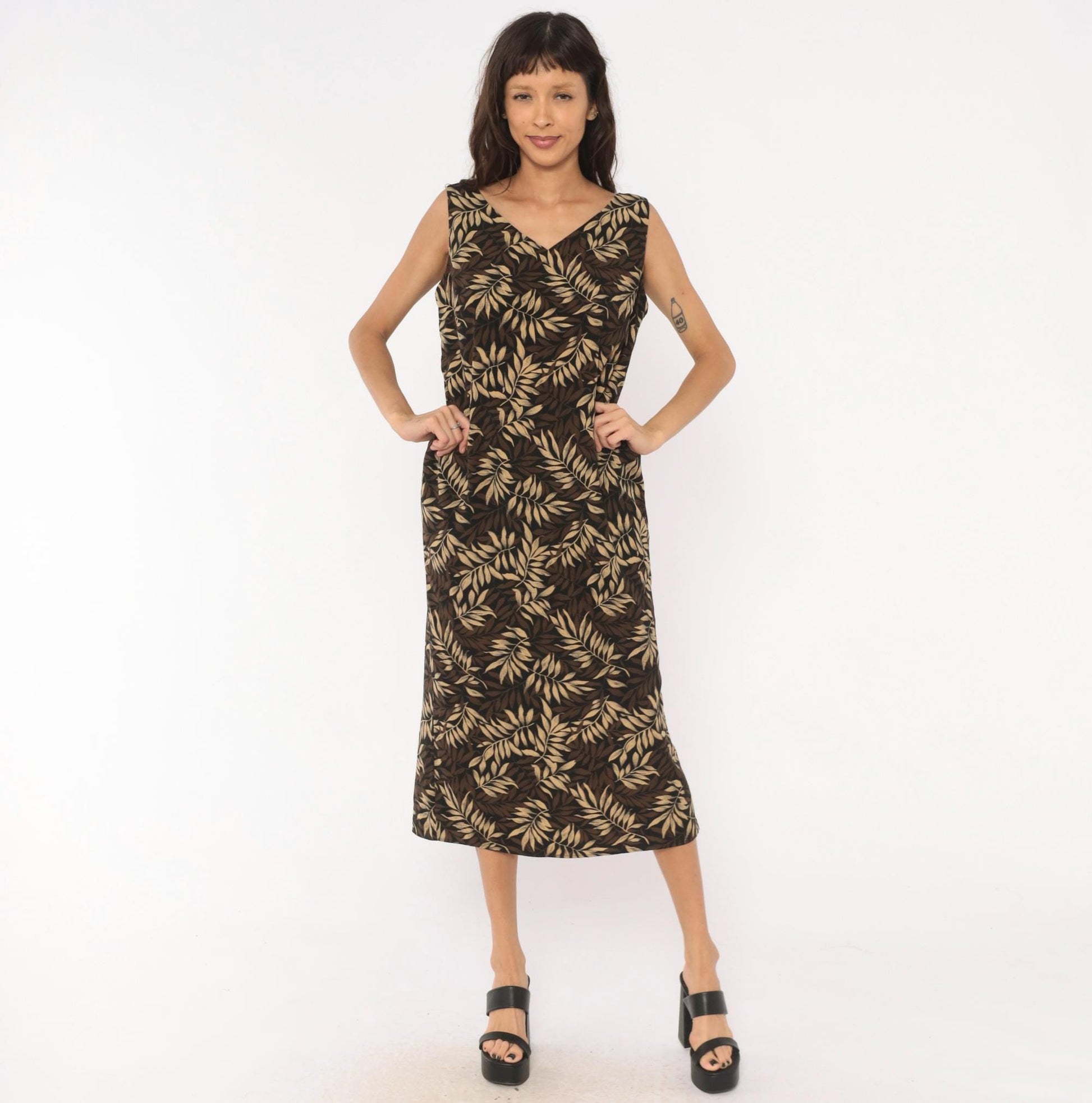 90s Studio I Tropical Leaf Print Midi Dress Sleeveless V-Neck Black Large L