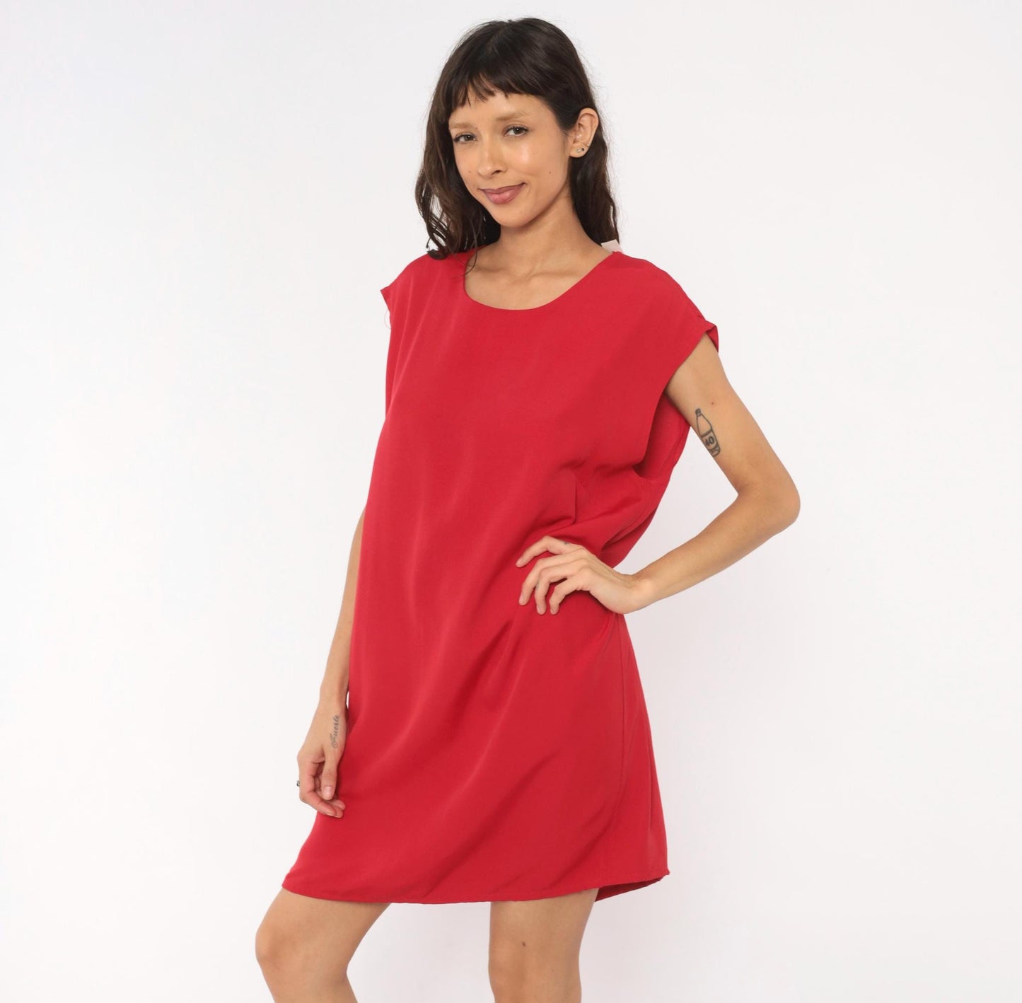 90s Red Shift Dress Cap Sleeve Knee-Length Scoop Neckline Large L