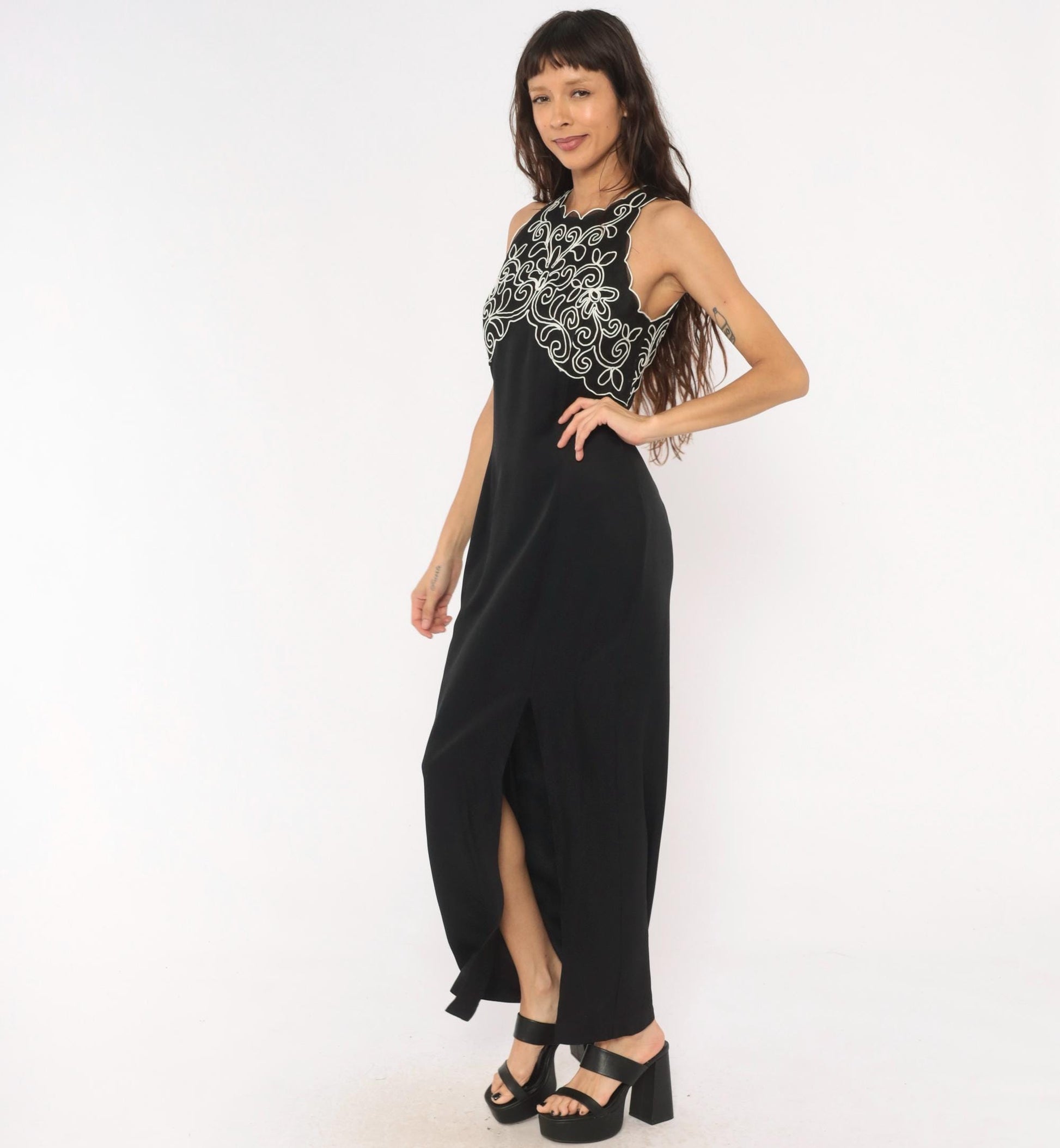 90s Scott Mcclintock Black Maxi Halter Gown White Soutache Embroidery Medium M