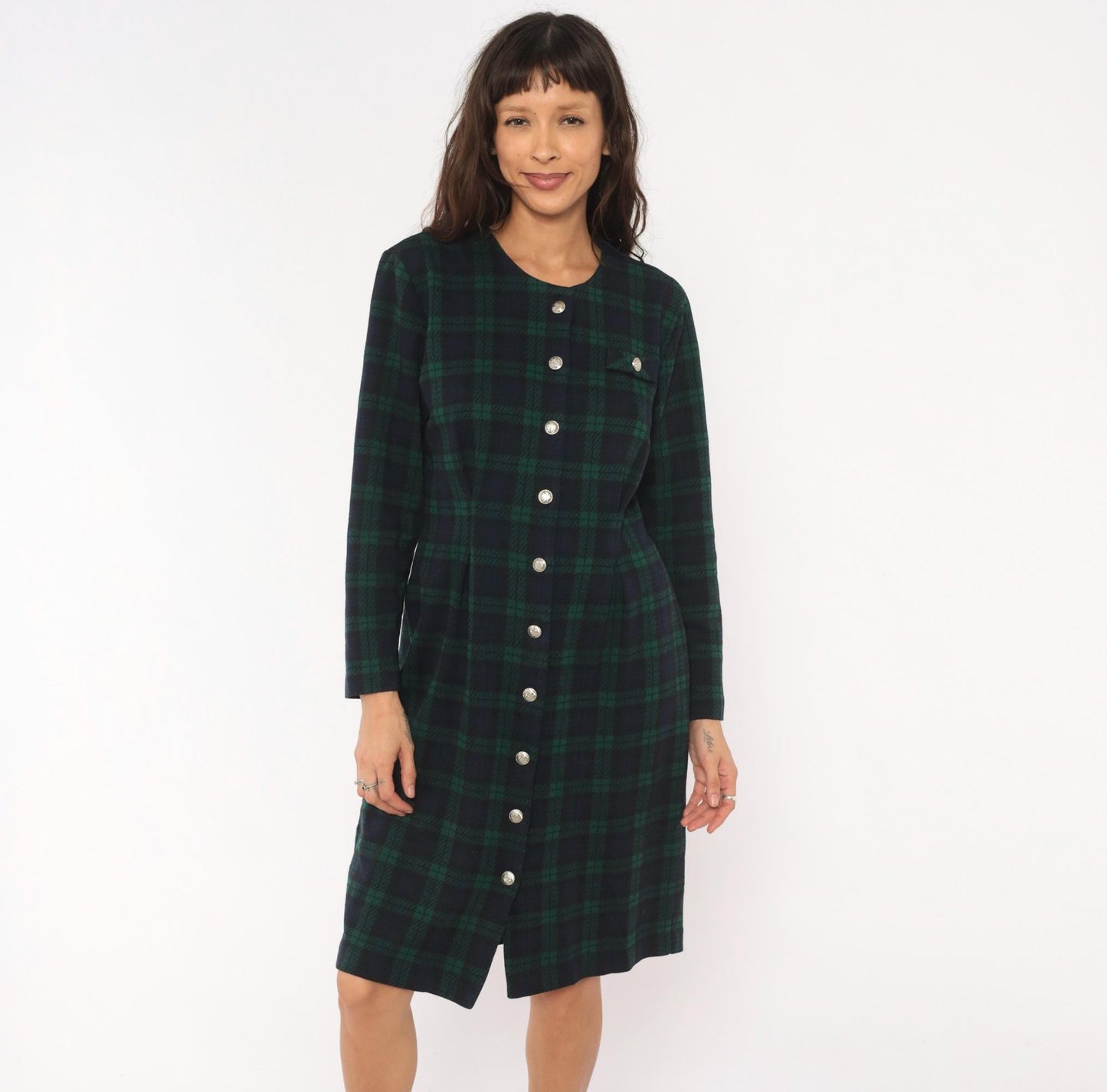 90s Miss Dorby Tartan Plaid Button-Front Shirtdress Navy Teal Cotton Large L