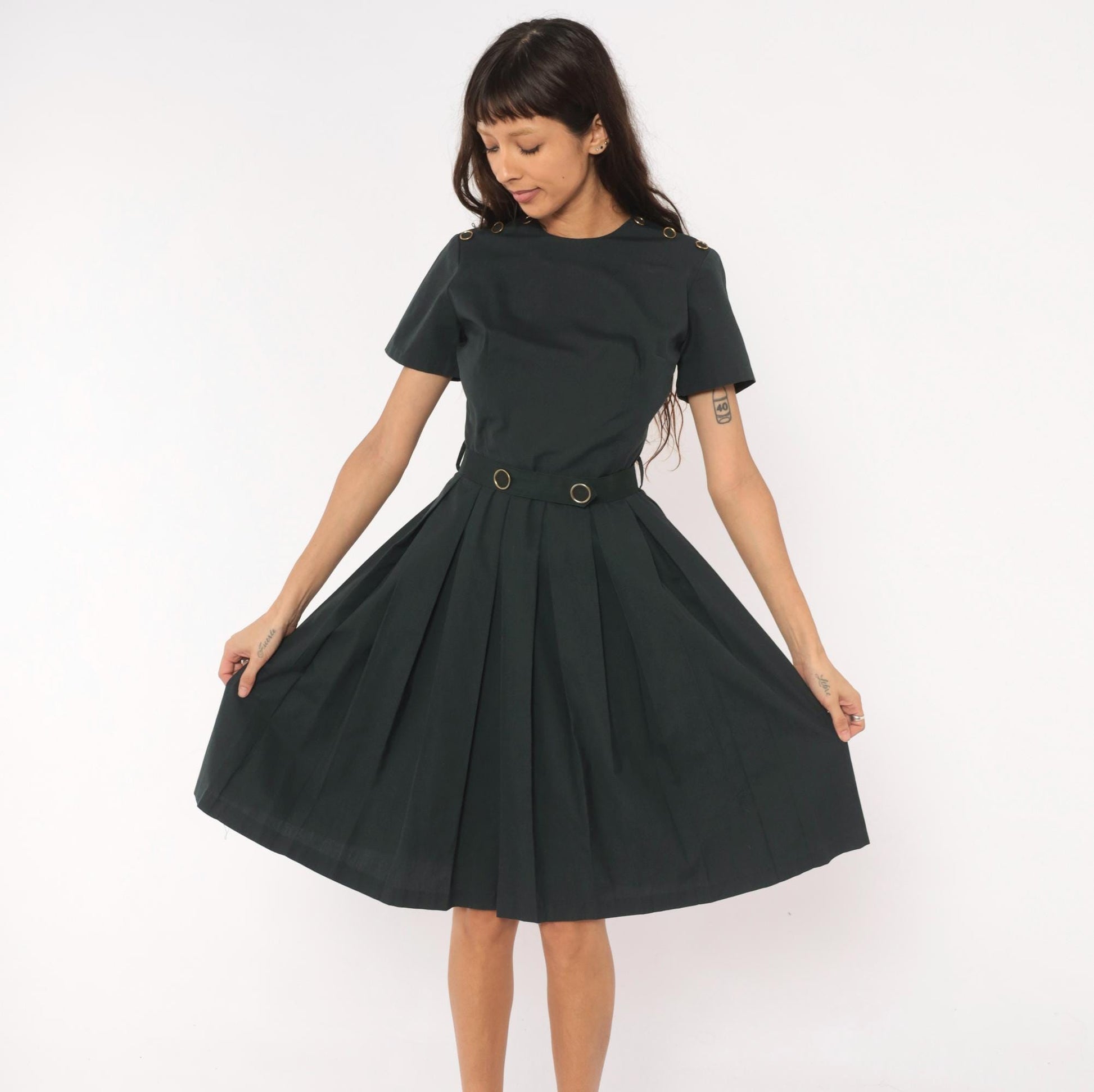 60s Charcoal Pleated A-Line Dress Gold Grommet Detail Cotton Small