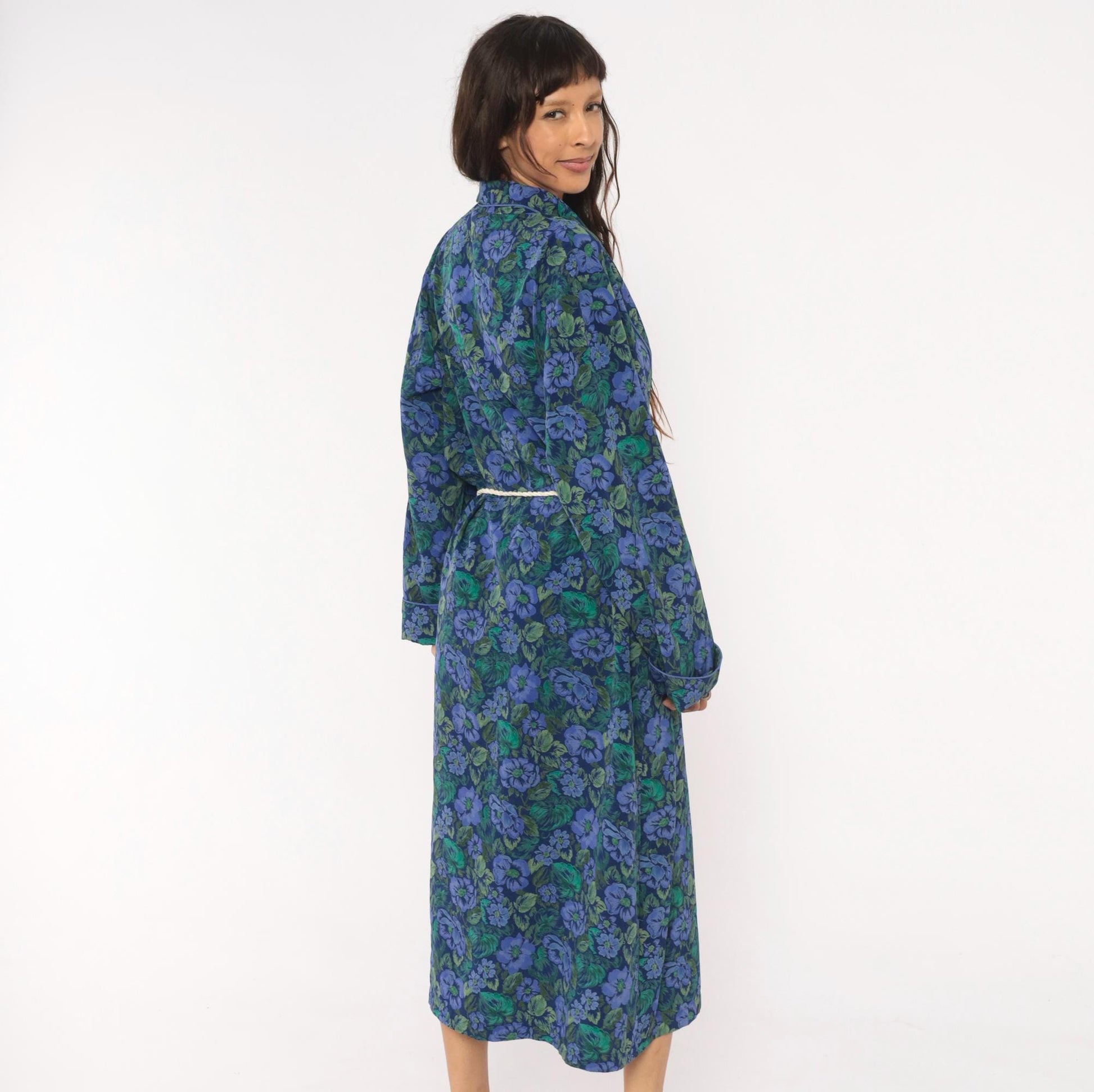 90s Cacique Floral Wrap Robe Periwinkle Navy Botanical Print Midi Large L
