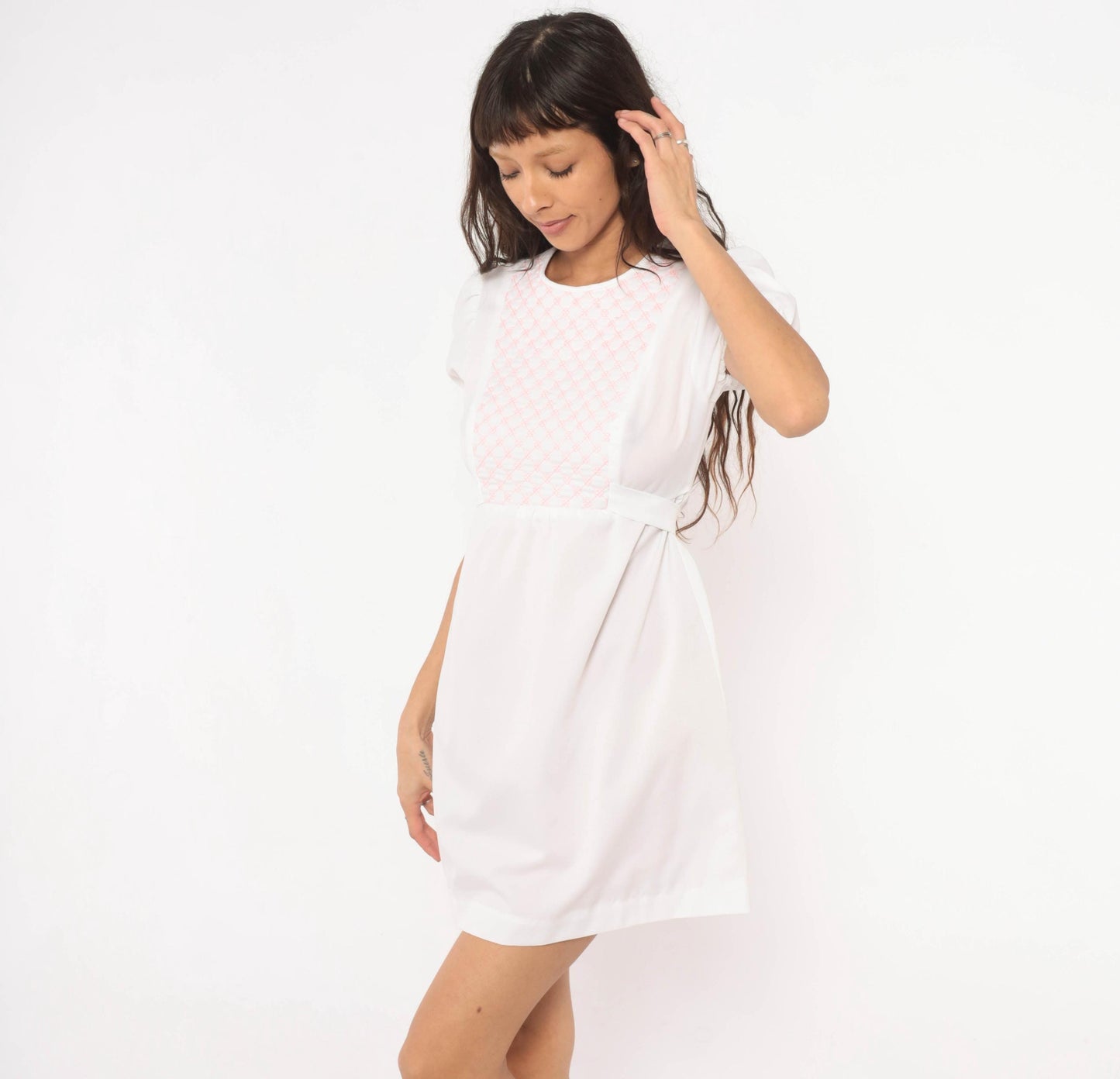70s Sears Jr White Pink Quilted Puff Sleeve Mini Dress A-Line Small