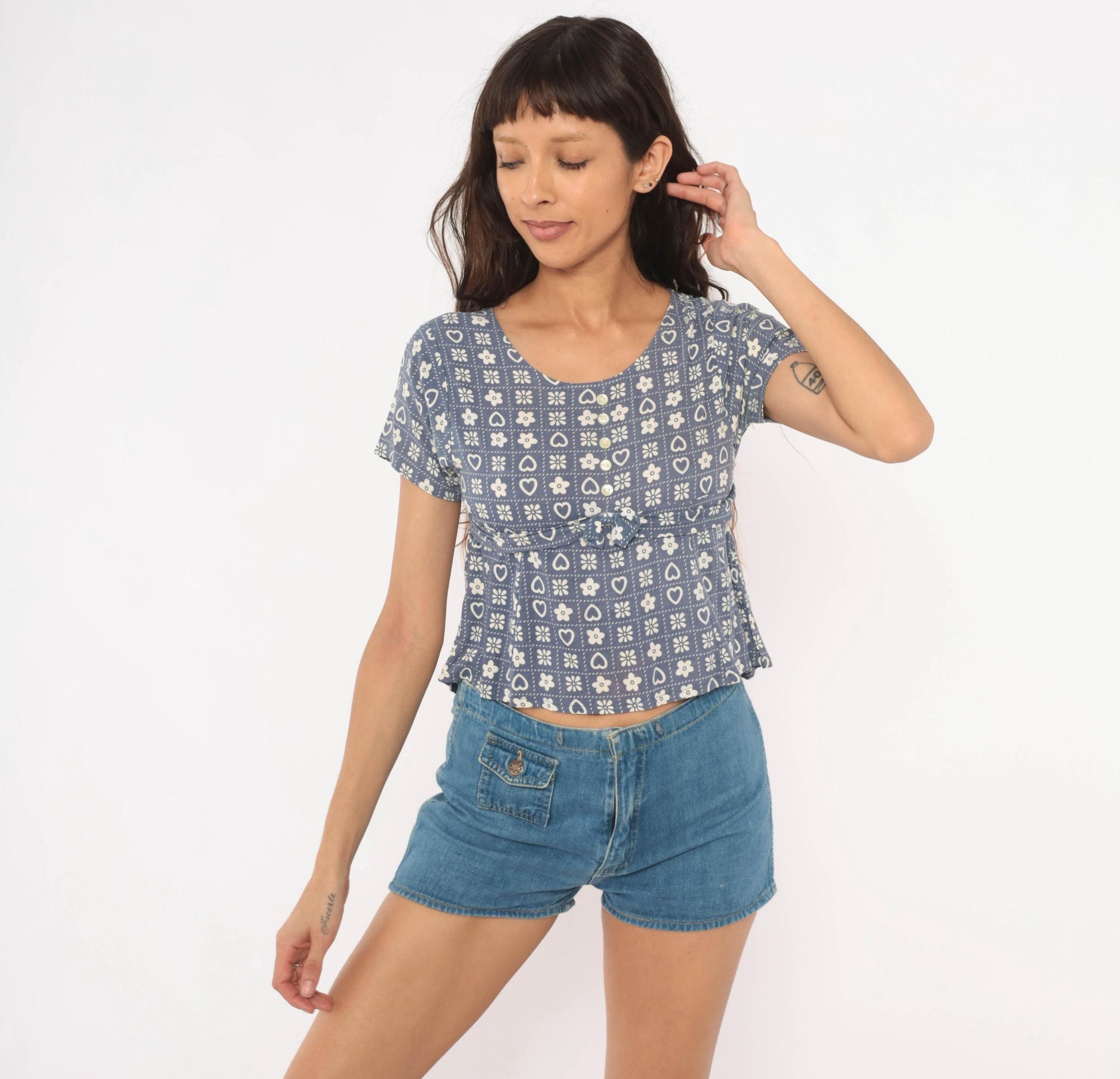 80s New Moves Hearts Flowers Grid Print Blouse Blue White Peplum Crop Extra Small XS