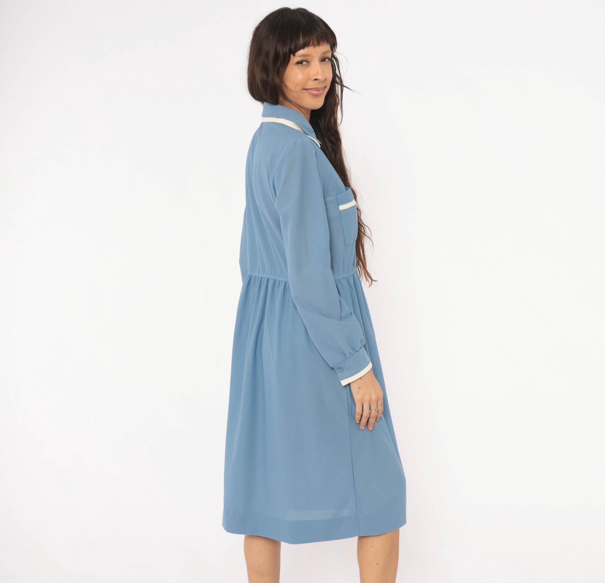 70s Stellas Powder Blue Shirt Dress Gathered Waist Knee Length Medium M