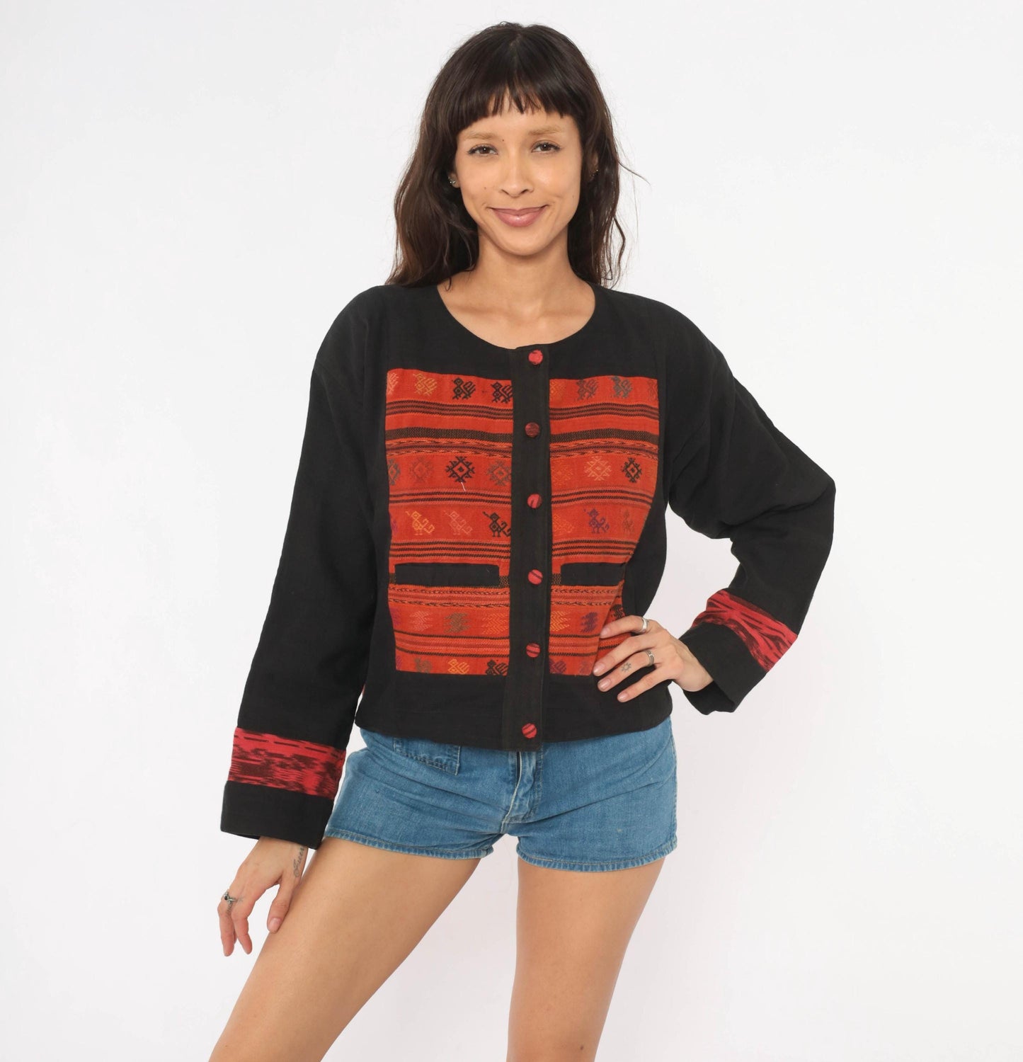 90s Black Cotton Ikat Woven Jacket Red Geometric Folk Art Medium M