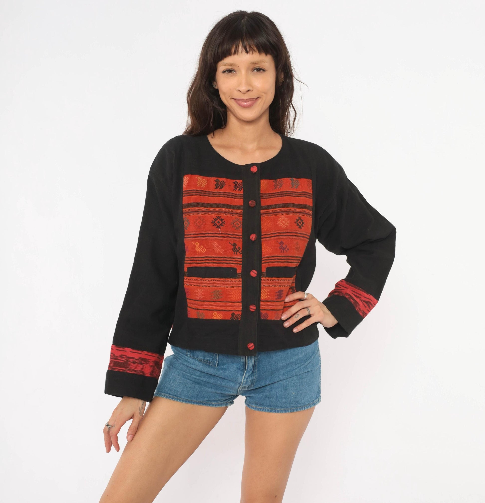 90s Black Cotton Ikat Woven Jacket Red Geometric Folk Art Medium M
