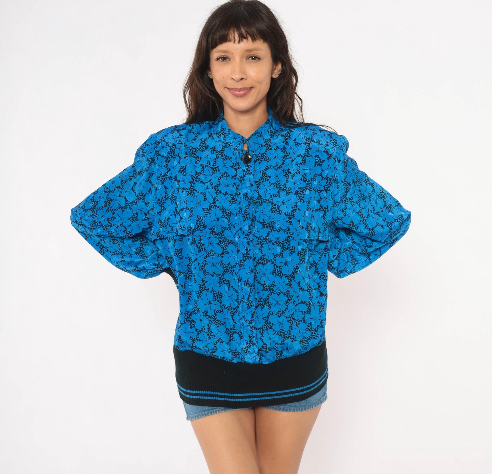 80s B.G.B.Ltd. Floral Bomber Blouse Cobalt Blue Black Mandarin Collar Large L