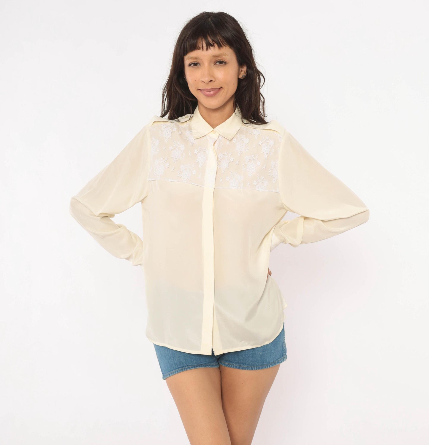 90s Oscar De La Renta Cream Lace Yoke Blouse Floral Embroidered Sheer Medium