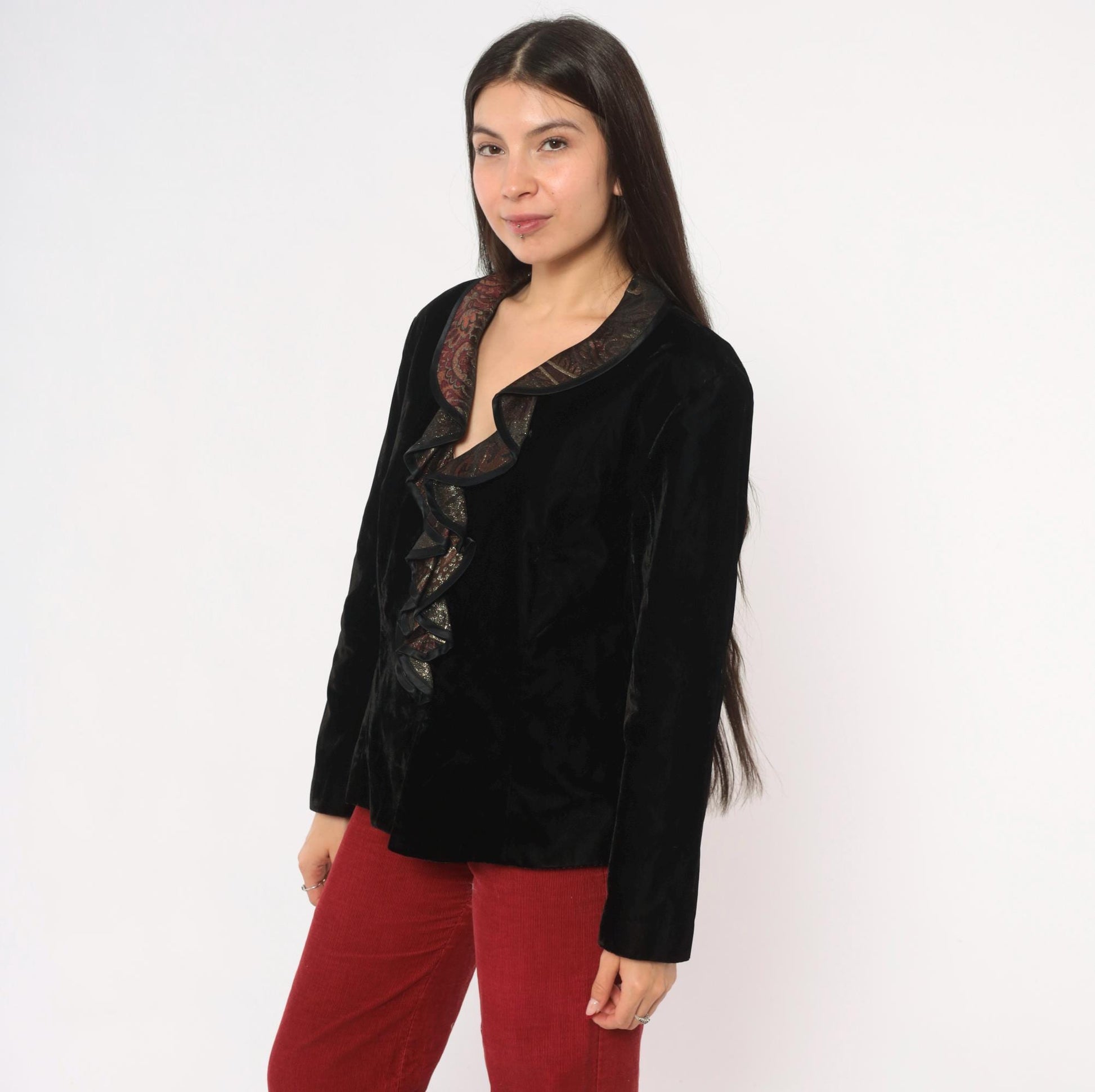 90s Patra Black Velvet Blazer Burgundy Gold Brocade Ruffle Collar Large L