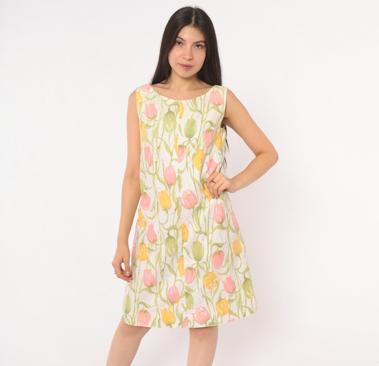 70s Tulip Print Shift Dress Sleeveless A-Line Scoop Neck Cotton Small
