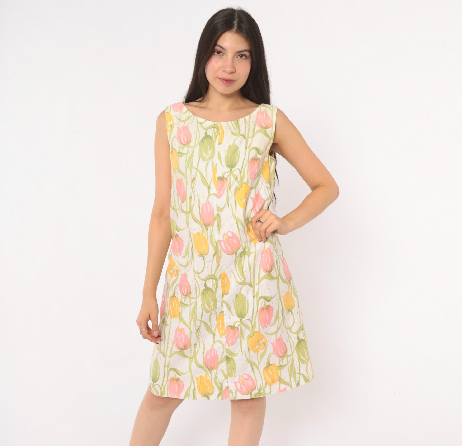 70s Tulip Print Shift Dress Sleeveless A-Line Scoop Neck Cotton Small