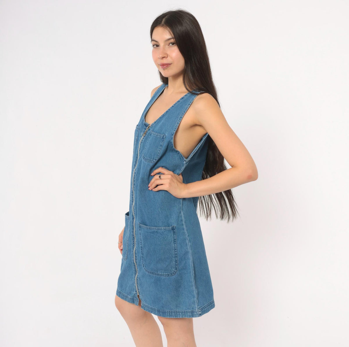 90s Premier Denim Jumper Dress Zip Front Mini Blue Cotton Medium M