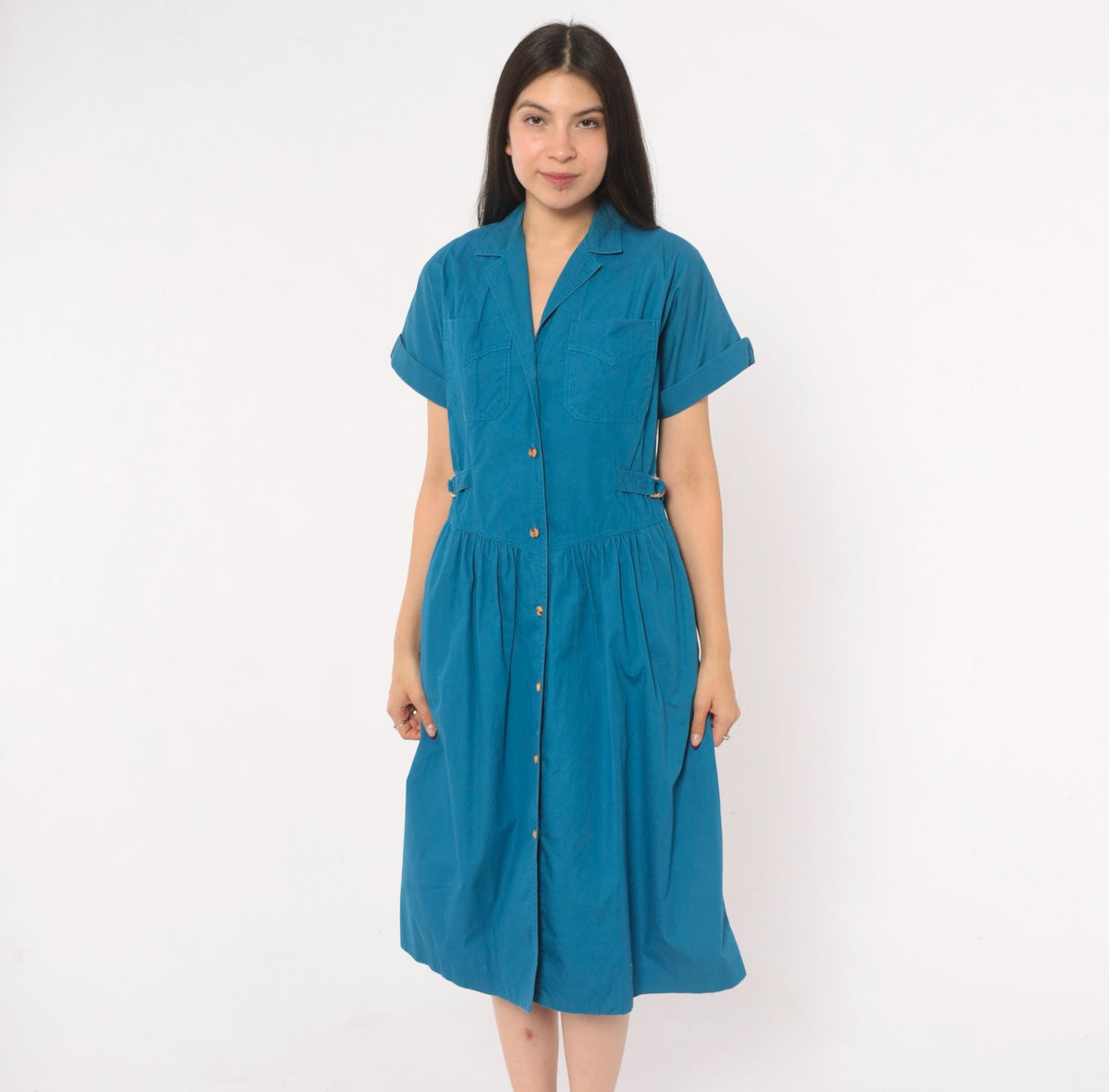 80s Sasson Teal Cotton Midi Shirtdress Gathered Waist Belt Extra Small XS