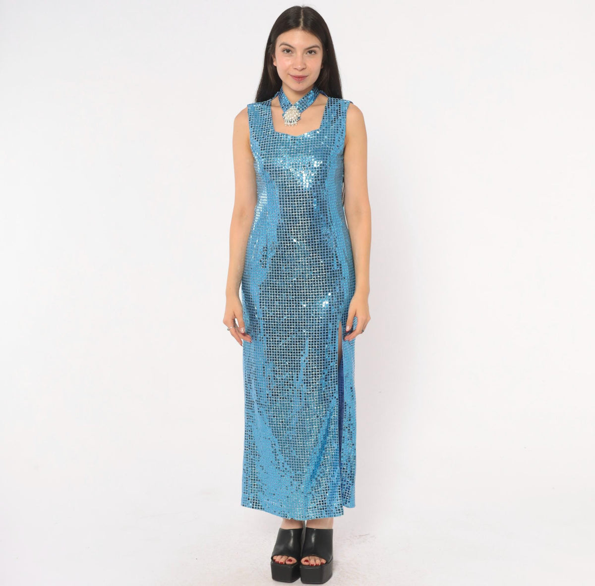 80s Ice Blue Sequin Maxi Dress Choker Neck Keyhole Sleeveless Small