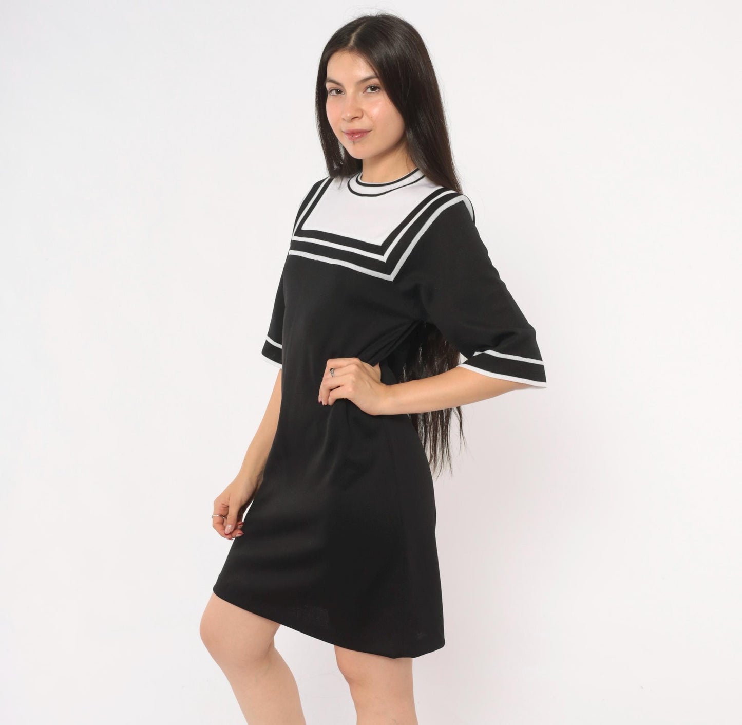 70s Roncelli Sailor Collar Knit Shift Dress Black White Mini Small