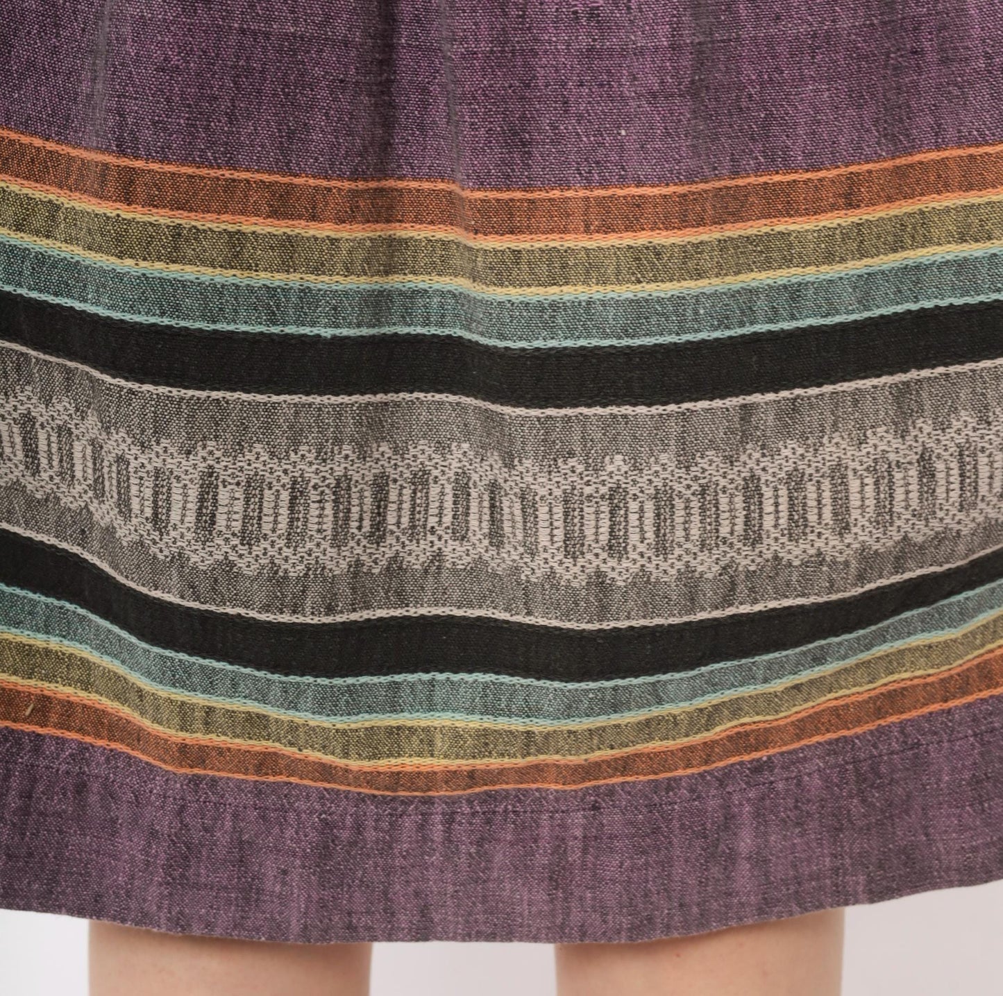 1980s Purple Woven Stripe Knee Skirt Cotton Linen Gathered Waist XS
