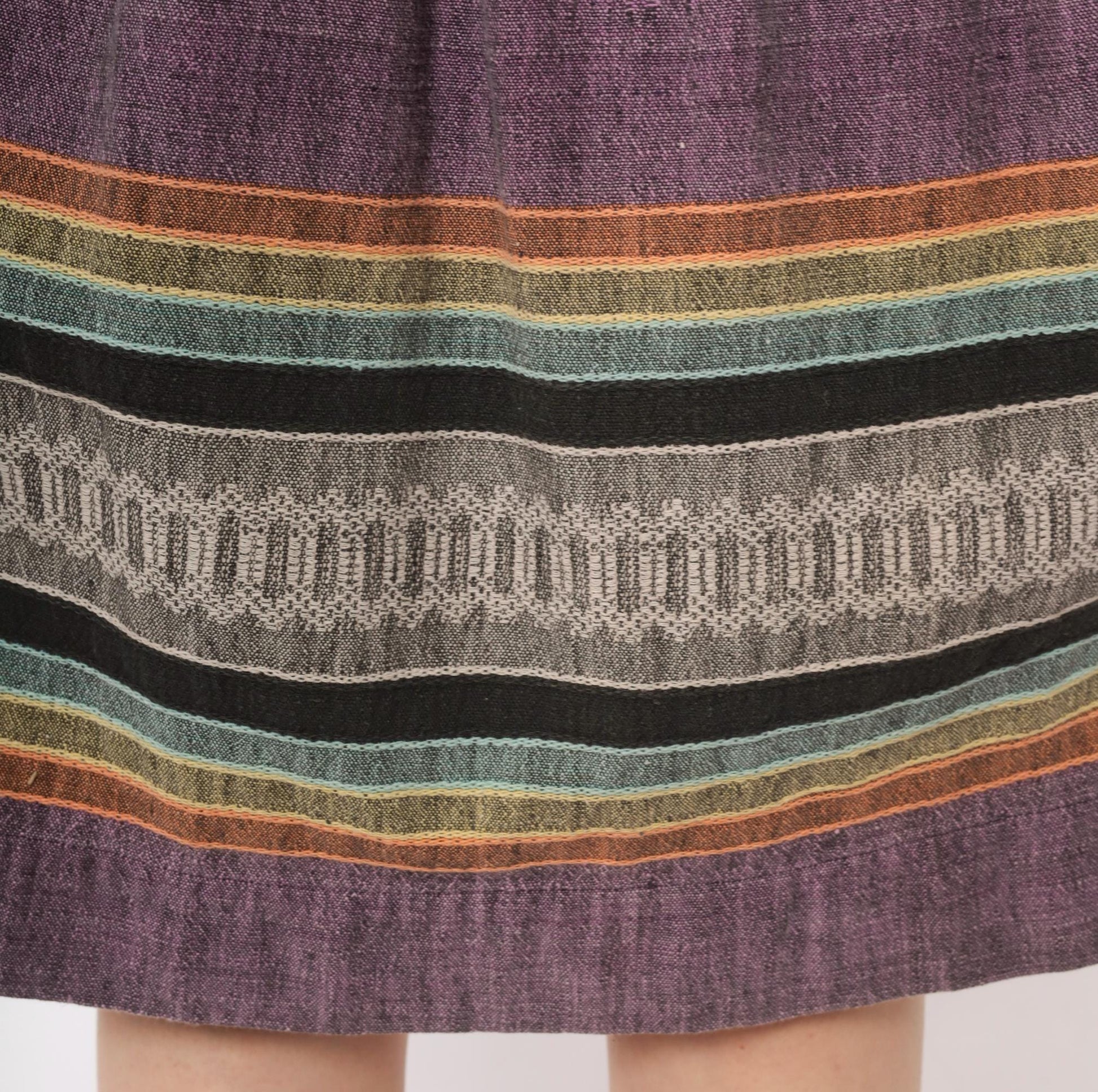 1980s Purple Woven Stripe Knee Skirt Cotton Linen Gathered Waist XS