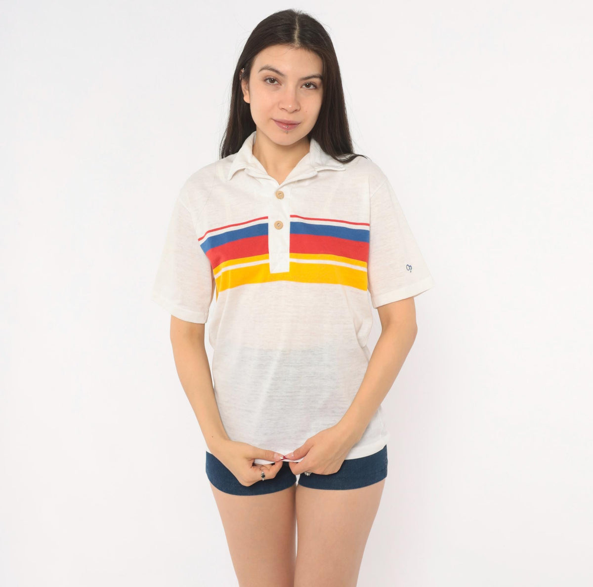 80s Ocean Pacific Polo Striped Chest Band Cotton Surf Collared Tee Small S