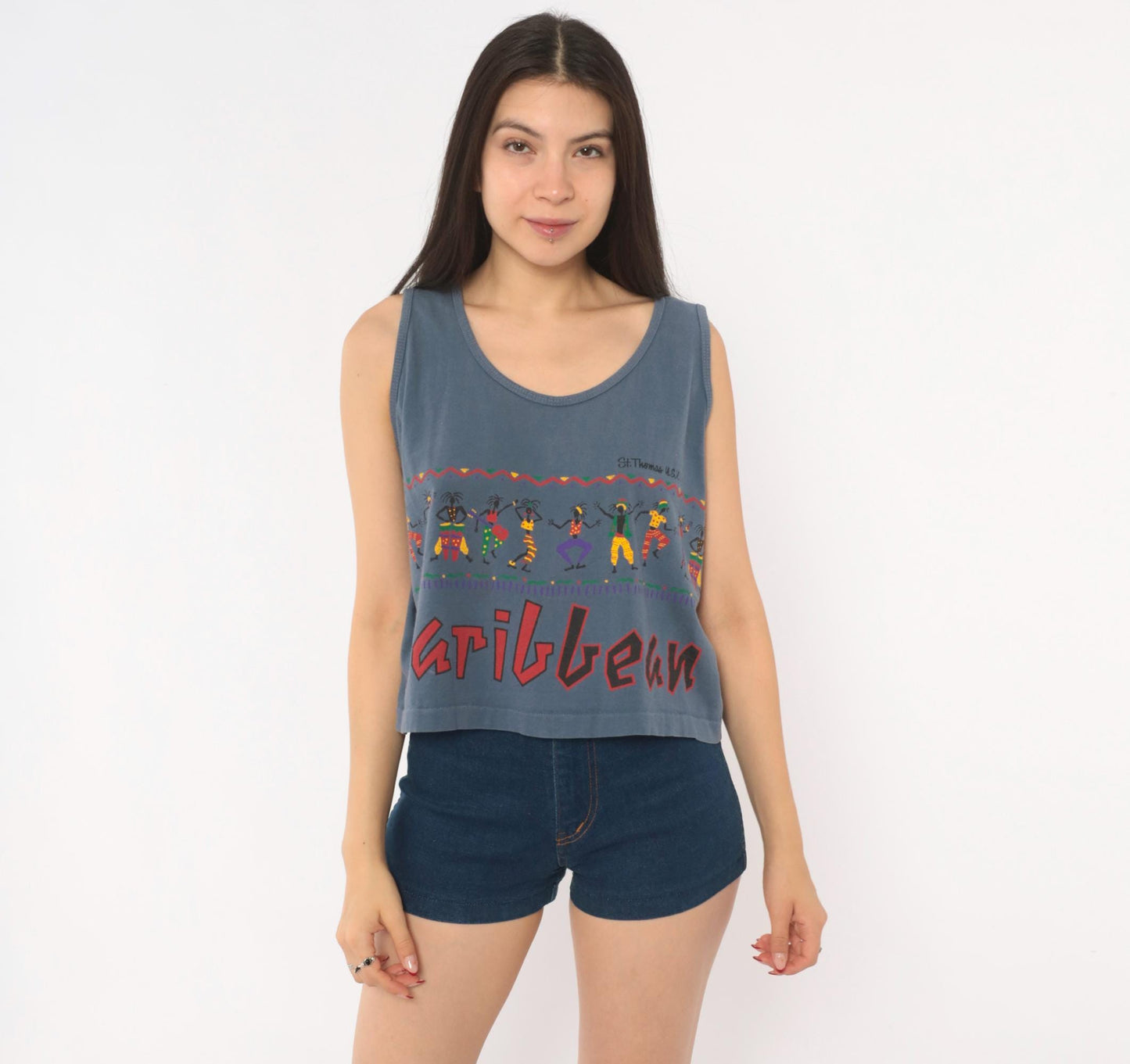 90s Alore Caribbean Dancer Crop Tank St Thomas Blue Cotton Medium
