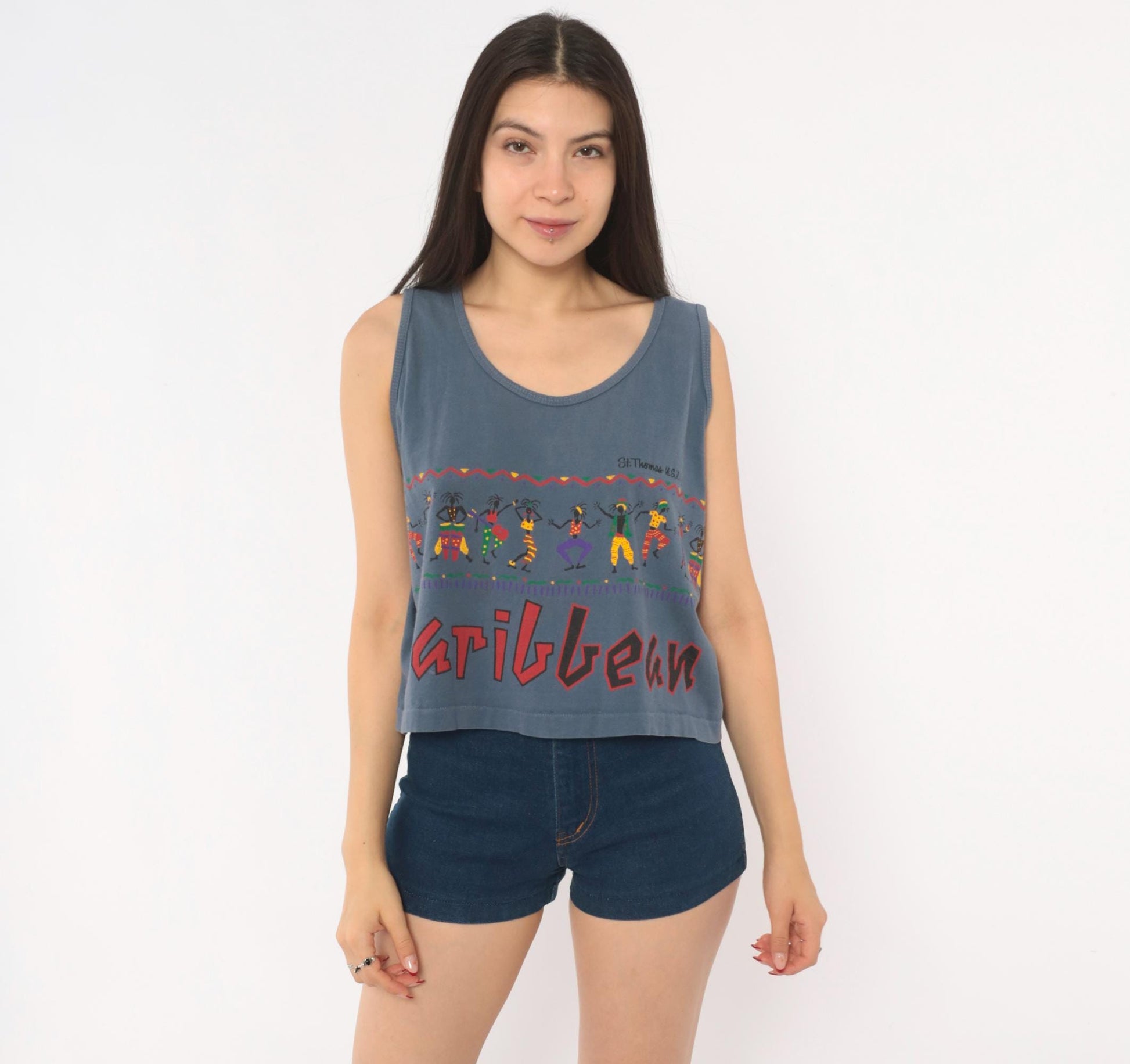 90s Alore Caribbean Dancer Crop Tank St Thomas Blue Cotton Medium