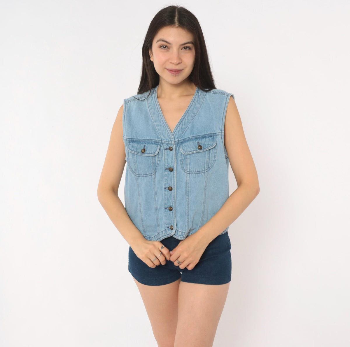 90s Light Blue Denim Vest Cotton Button Front Cropped Medium M