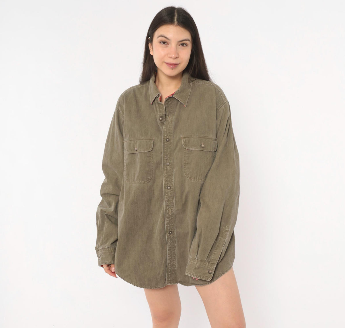 90s L.L.Bean Flannel Lined Work Shirt Olive Denim Cotton Button Front Extra Large XL