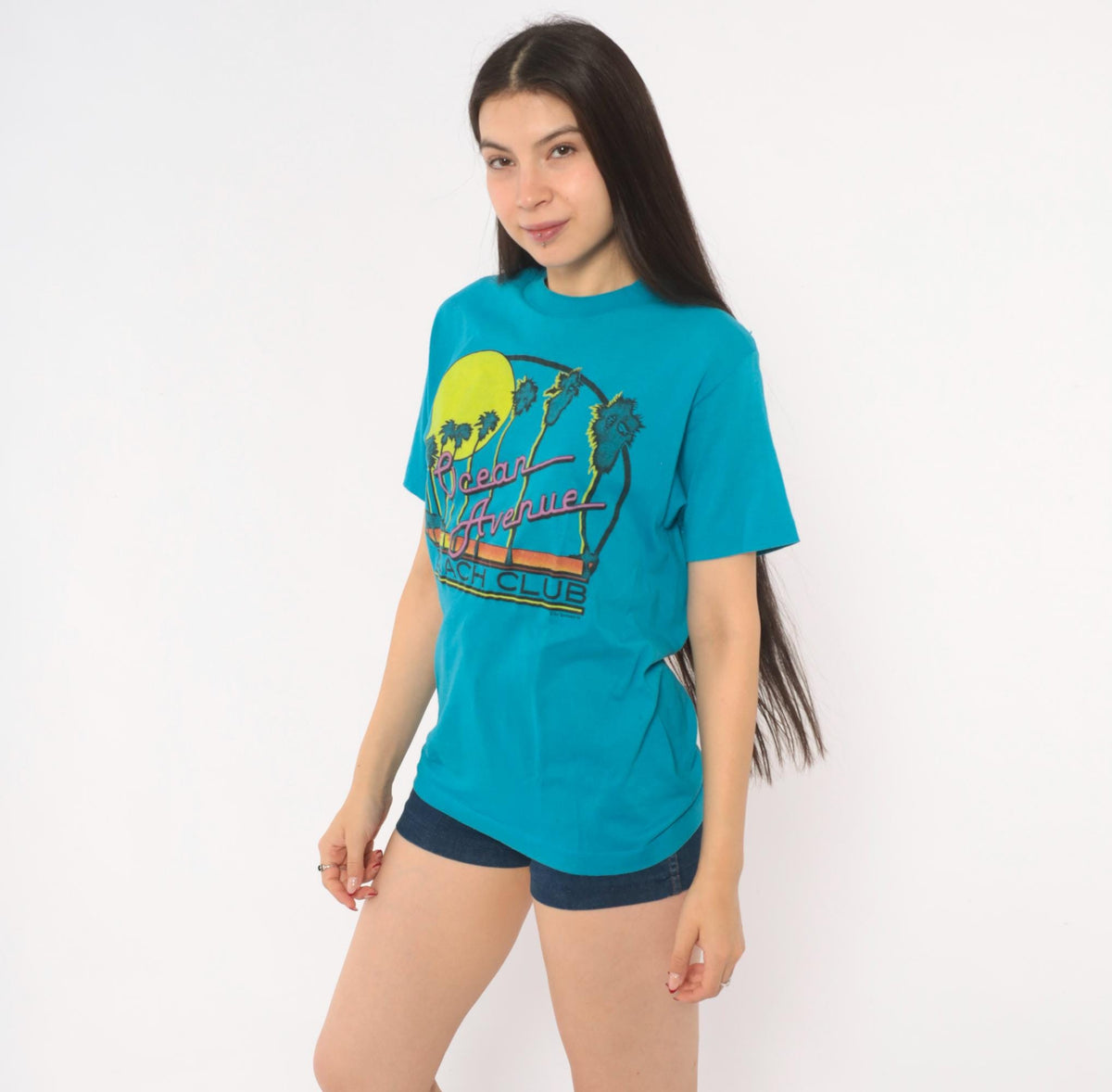 80s Chemise D'Sol Ocean Avenue Beach Club Teal Graphic Tee Palm Tree Sunset Small