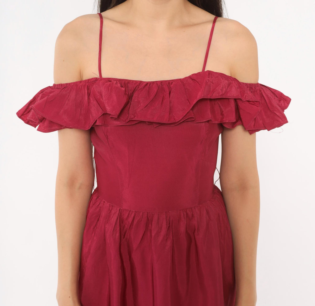 80s Raspberry Off-Shoulder Midi Dress Ruffle Gathered Skirt Extra Small