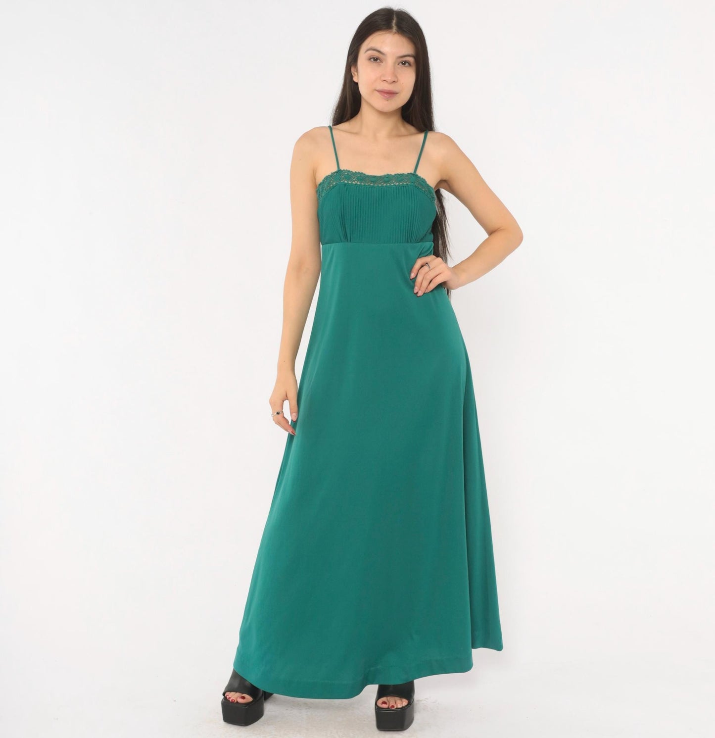 70s Teal Crochet Lace Maxi Dress Empire Waist Spaghetti Strap Extra Small
