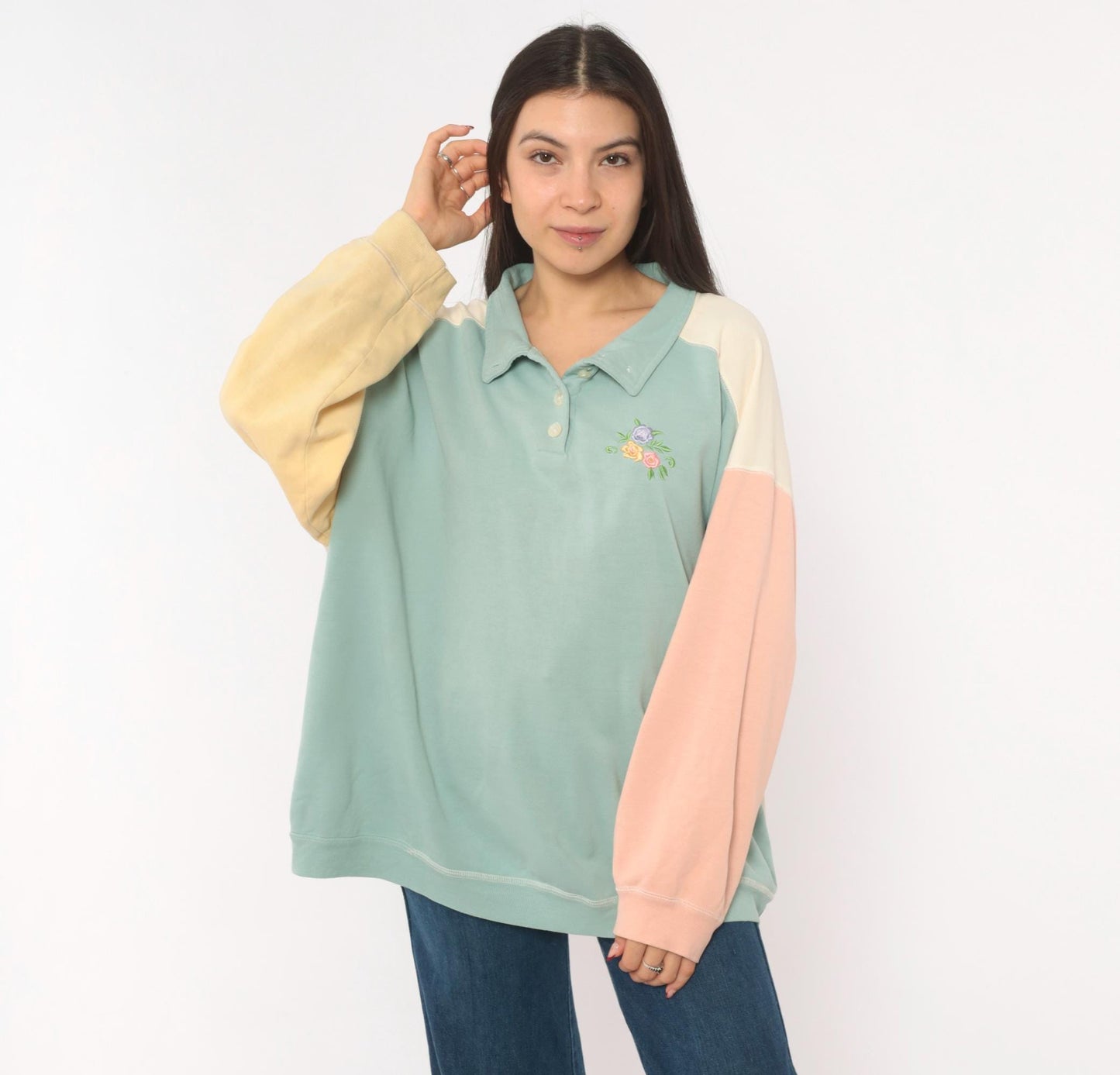 80s Ys Casuals Pastel Color Block Polo Sweatshirt Floral Embroidered Extra Large XL