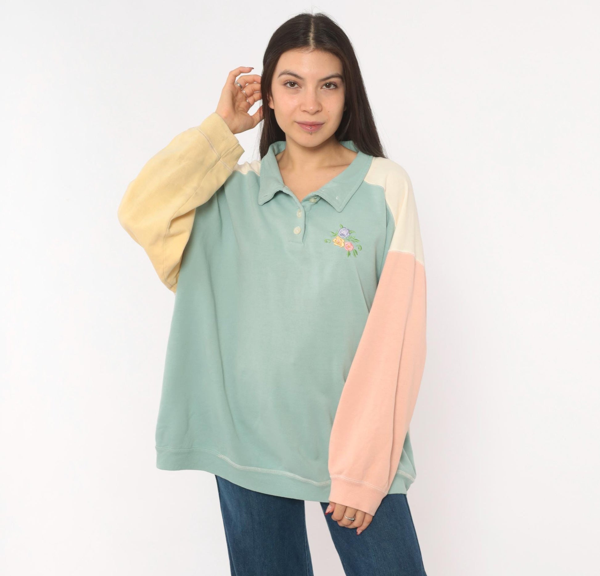 80s Ys Casuals Pastel Color Block Polo Sweatshirt Floral Embroidered Extra Large XL
