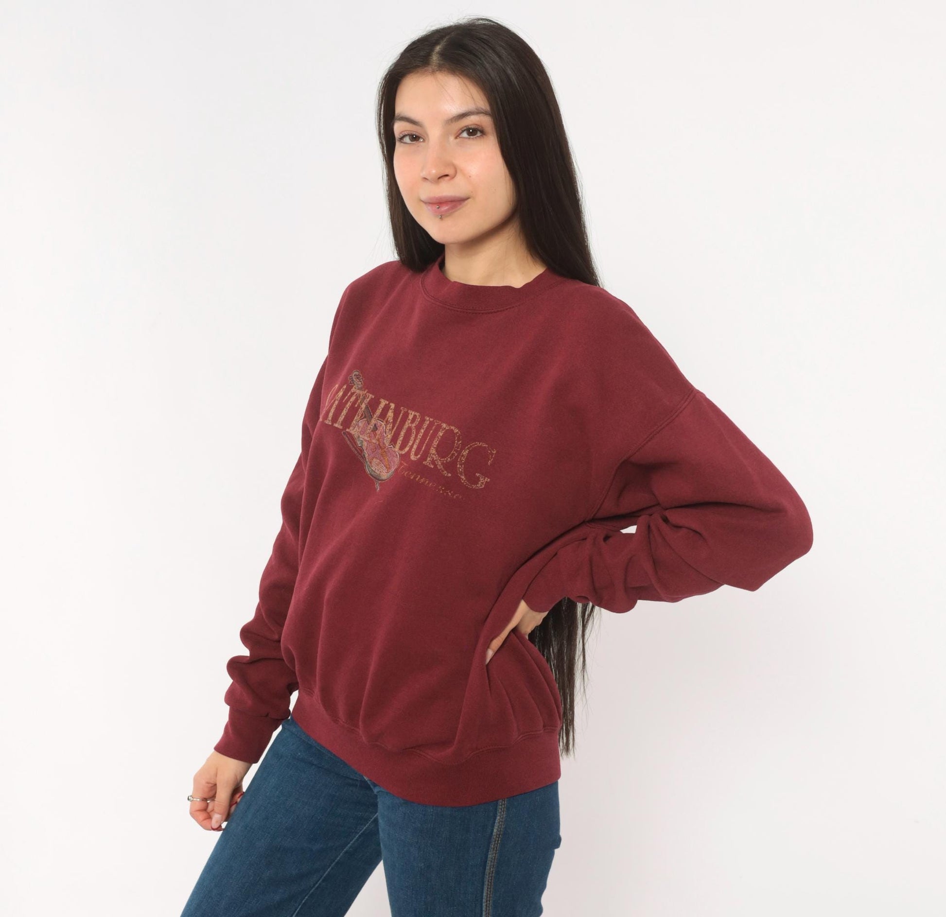 90s Santee Gatlinburg Tennessee Fiddle Sweatshirt Burgundy Crewneck Medium M