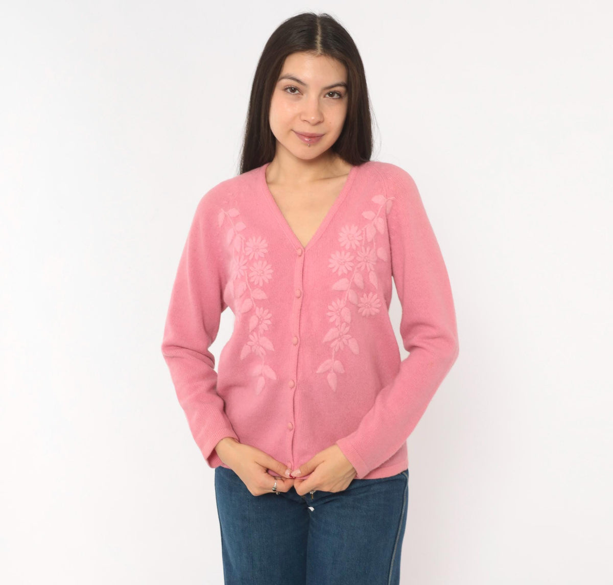 80s NKKC Rose Pink Lambswool Cardigan Floral Embroidered V-Neck Medium M