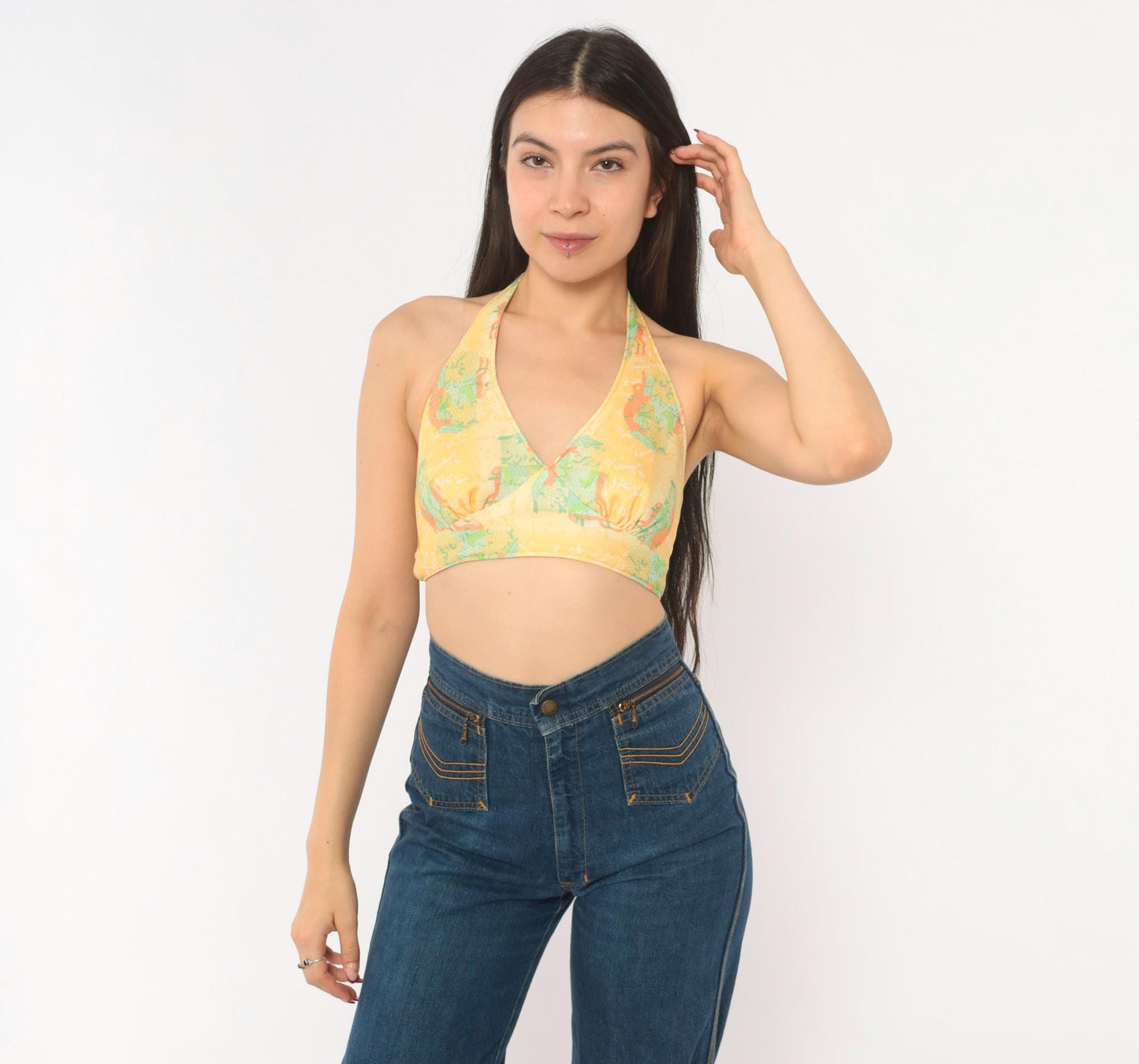 70s Yellow Floral Halter Crop Top Backless Tie Blouse Small