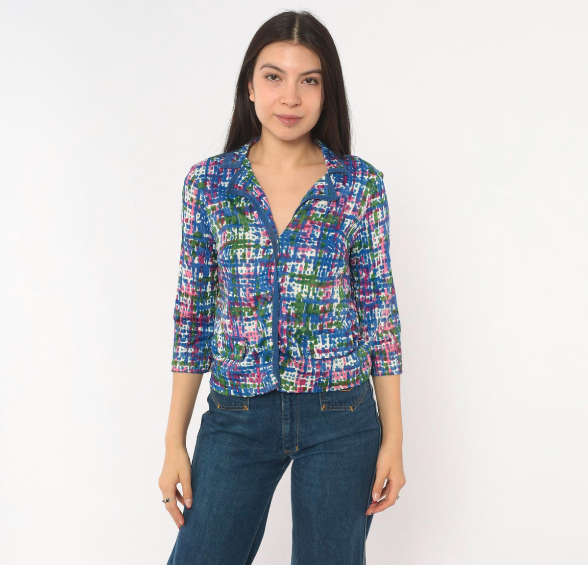 70s Puritan Forever Yours Abstract Crosshatch Blouse Blue Pink Green Small