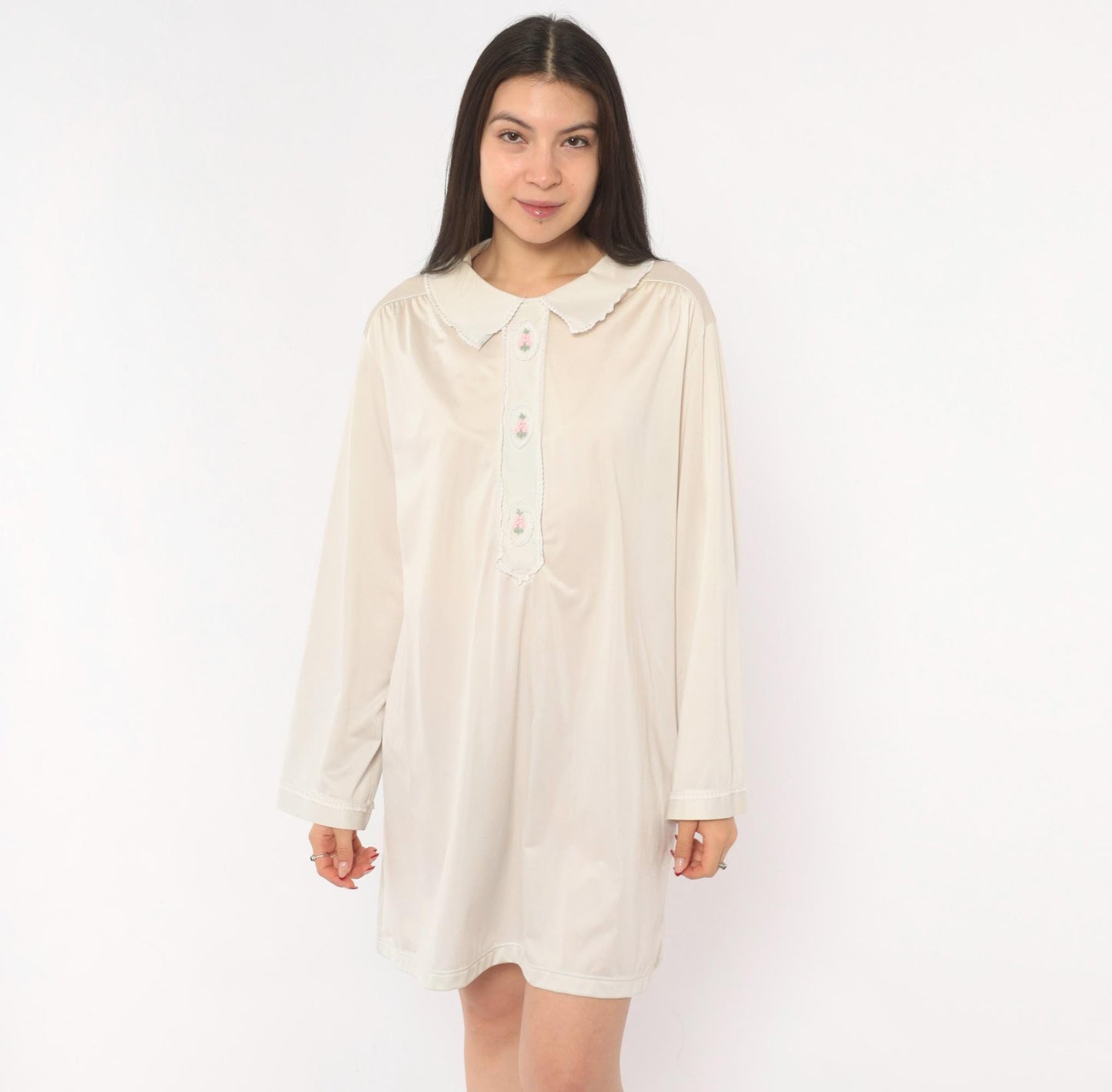 80s Embroidered Floral Nightgown Cream Peter Pan Collar Lace Trim Large L