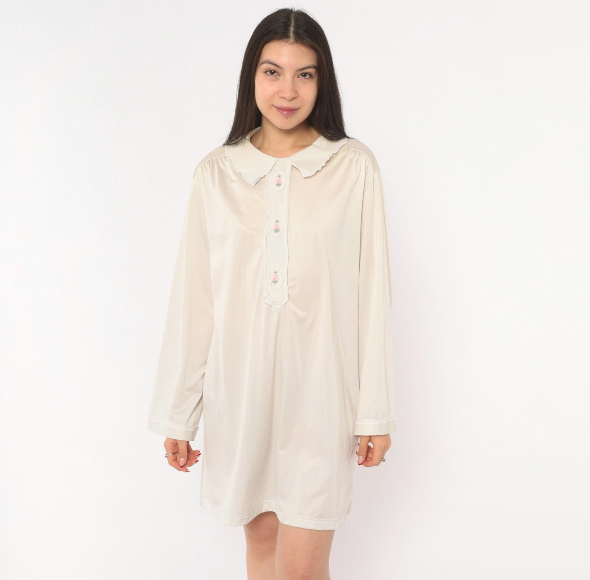 80s Embroidered Floral Nightgown Cream Peter Pan Collar Lace Trim Large L