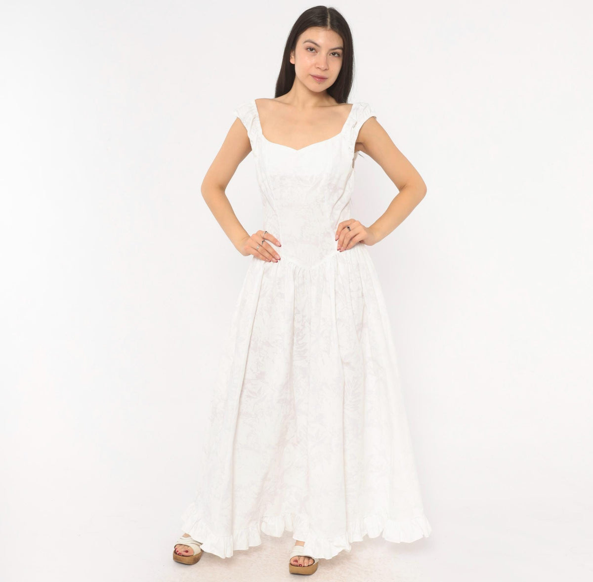 80s White Cotton Maxi Dress Sweetheart Neckline Basque Waist Floral Extra Small