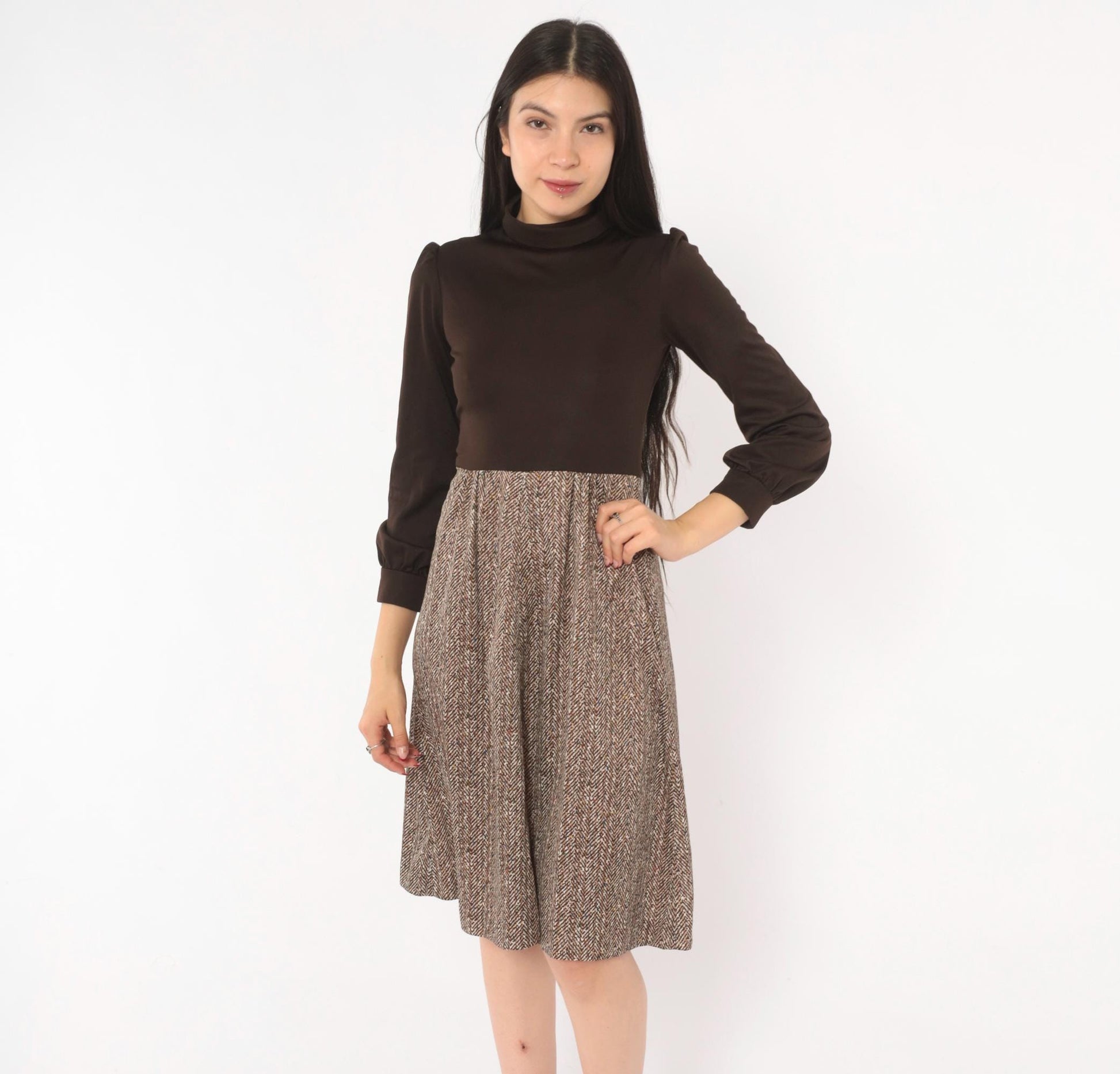 70s Brown Herringbone A-Line Dress Puff Sleeve Turtleneck Extra Small XS