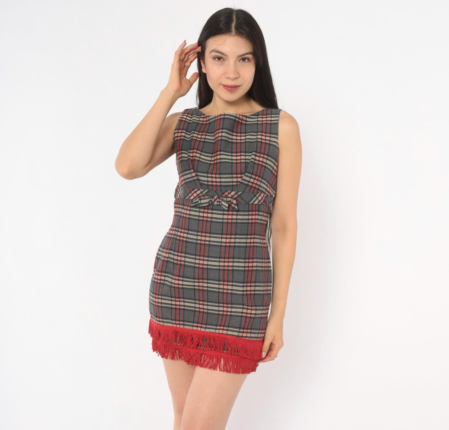 60s Plaid Mini Dress Grey Red Tartan Sleeveless Bow Empire Waist XS