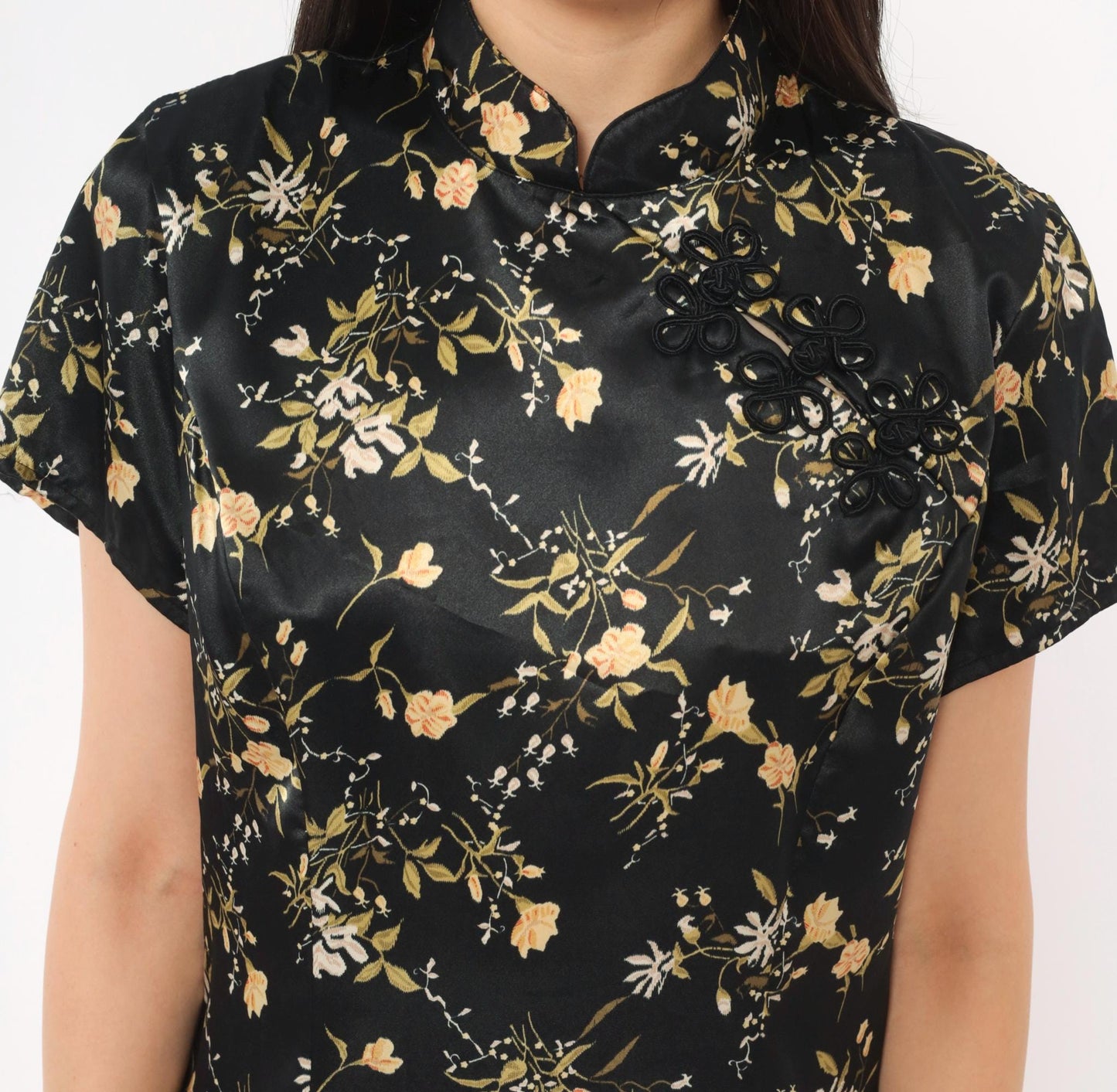 90s Dby Cheongsam Dress Black Gold Floral Brocade Mandarin Collar Mini Medium M